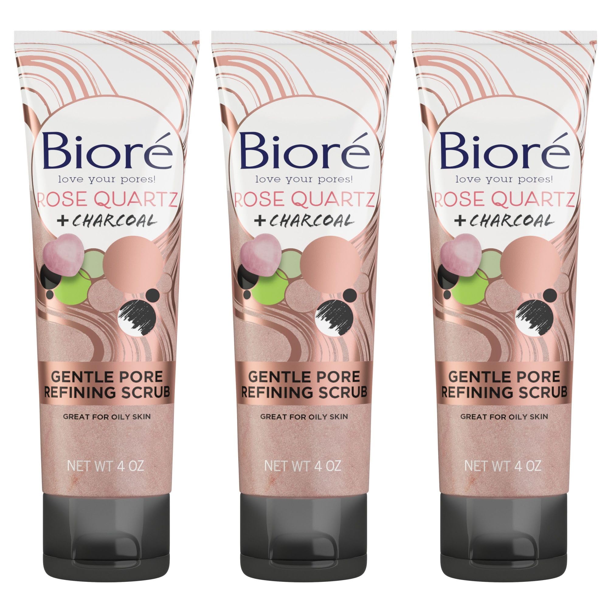Bioré Rose Quartz + Charcoal Gentle Pore Refining Scrub, Pore Minimizing Facial Scrub, Oil Free, Dermatologist Tested, Non-Comedogenic, Cruelty Free, Vegan Friendly, 4 Oz Tubes (Pack of 3)