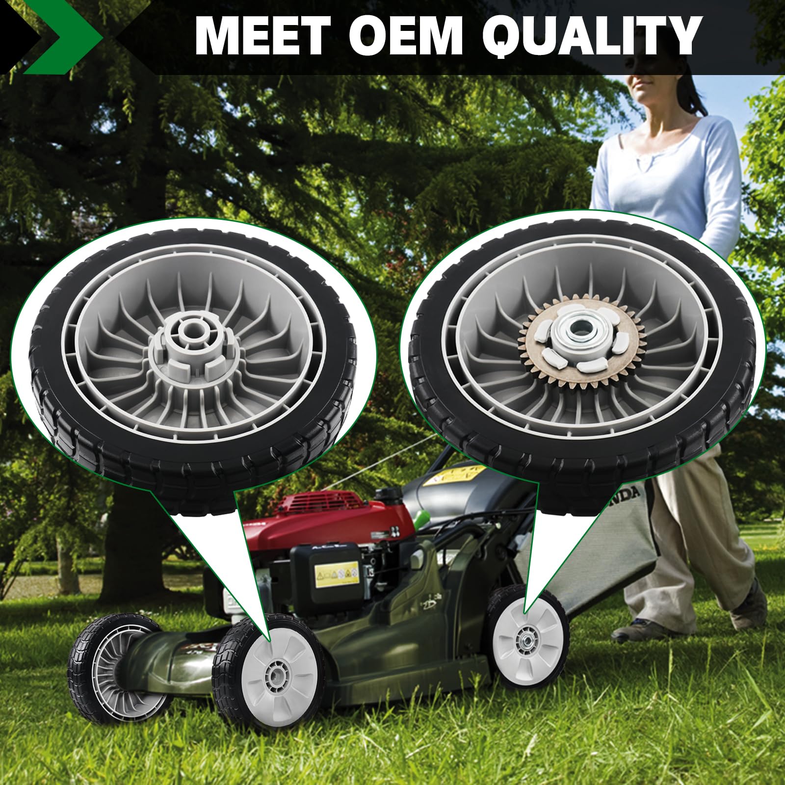 CheeMuii 4 Pack HRR216 Lawn Mower Drive Wheels 2 Rear Wheels 42710-VE2-M02ZE and 2 Front Wheels 44710-VL0-L02ZB Replace for Honda HRR216 HRS216 HRT216 Lawn Mower