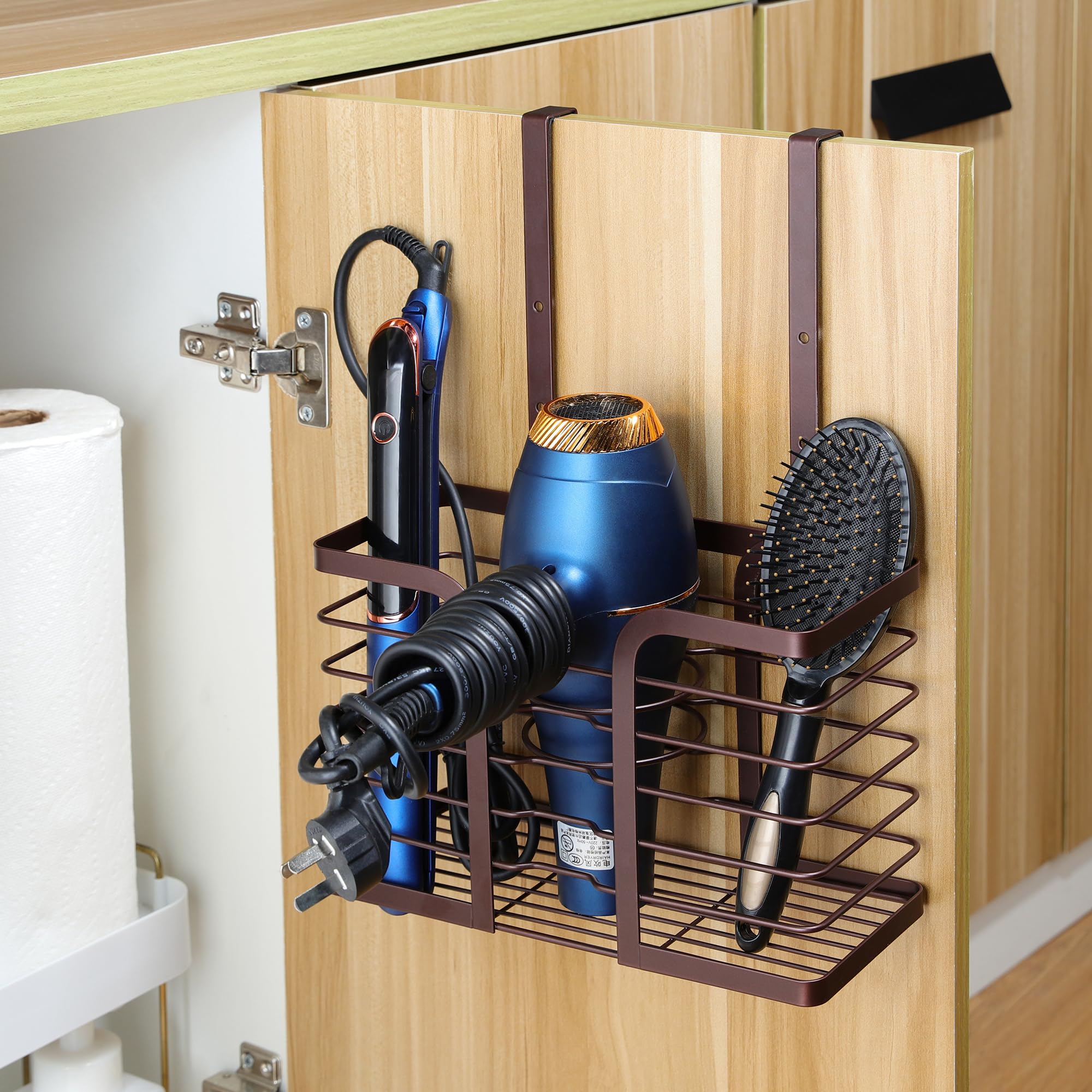 YIGII Hair Dryer Holder - 3-in-1 Blow Dryer Holder Adjustable Height Brown Bathroom Organizer Wall Mounted/Cabinet Door Styling Tools Storage for Hair Dryers, Straighteners