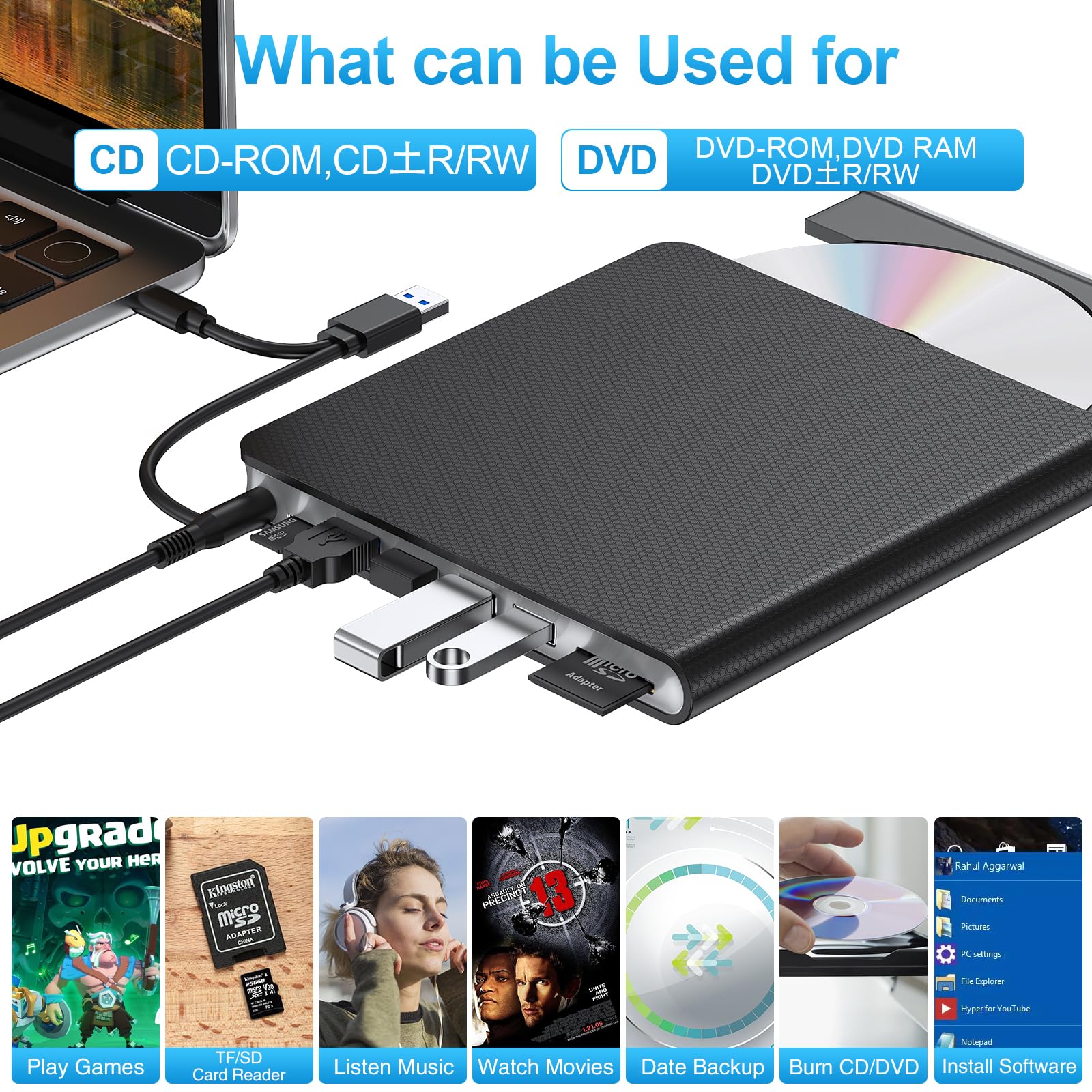 External CD DVD Drive for Laptop, USB 3.0 CD Burner External DVD Drive Portable DVD Player for Laptop with 4 USB and TF/SD Slots,Slim External CD Drive Compatible with Laptop Desktop Mac Windows Linux
