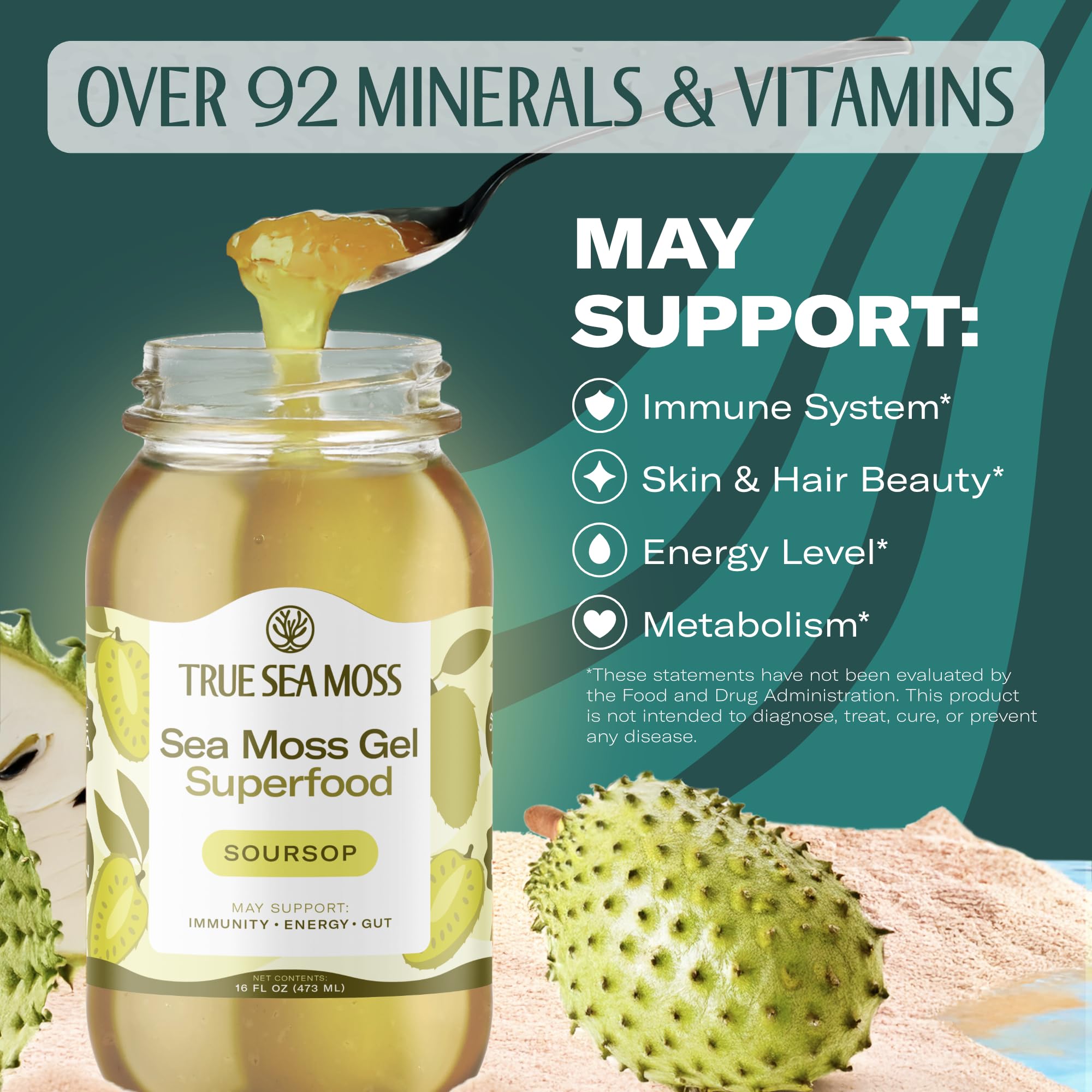 TrueSeaMoss Sea Moss Gel – Made in USA – Wildcrafted Seamoss, Fresh Fruits & Sea Vegetables – Soursop, Pack of 1 (Labels may Vary)