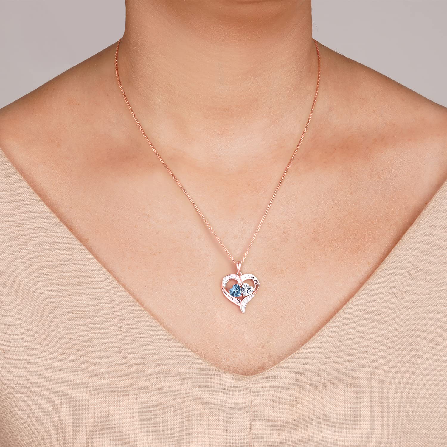 18K Rose Gold Heart Necklace, Birthstone Necklace Jewelry for Women with 2 Birthstones, Customized Gifts for Women Mom Wife Grandma Sister Friend, I Love You Always and Forever, Gold, Cubic Zirconia