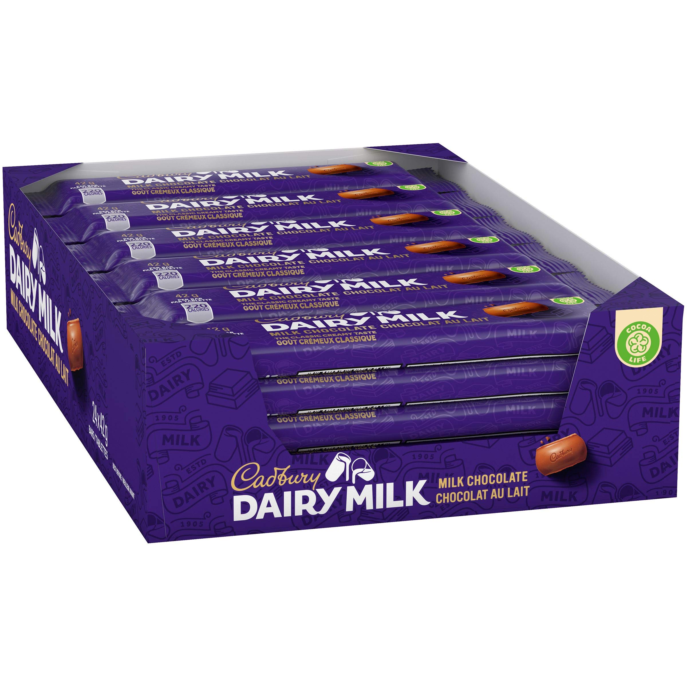 Cadbury Cholocate Bar, Regular Size 42g/Bar (Dairy Milk Milk Chocolate, 24 Packs)