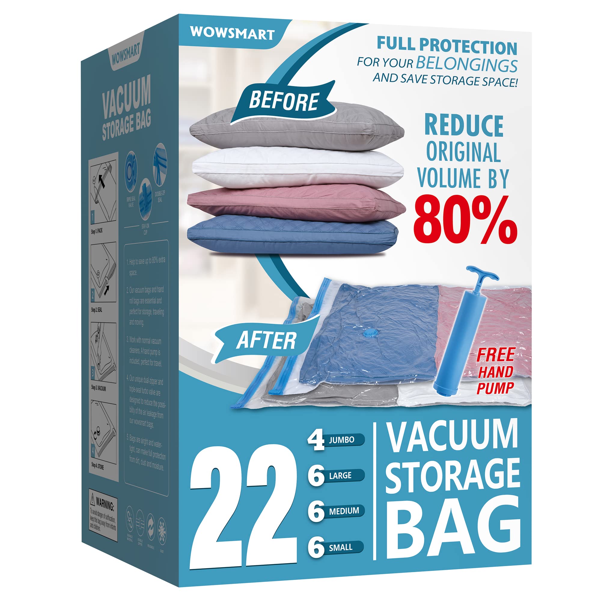 22 Vacuum Storage Bags with Hand Pump, 80% Space Saver Vacuum Seal Storage Bags for Clothing, Travel Lugggage, Blankets, Comforters