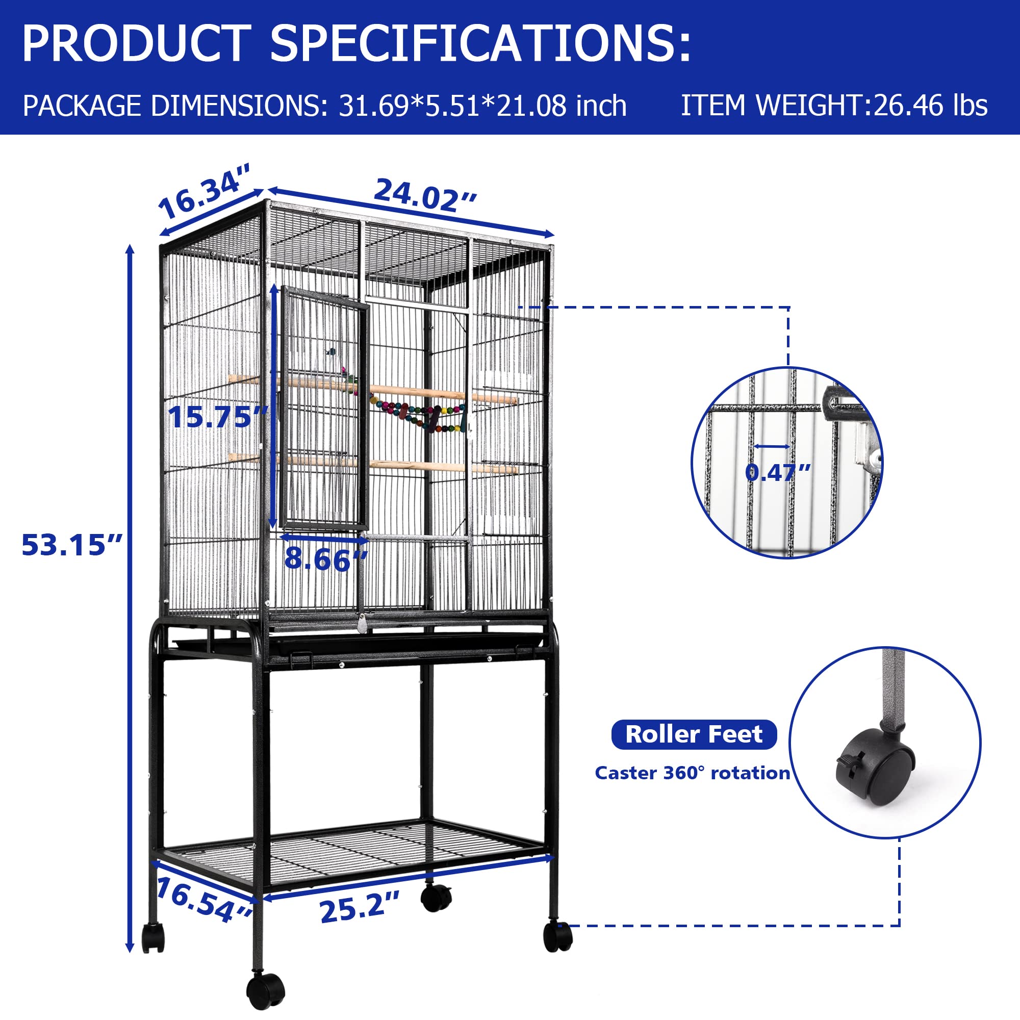 53-inch Bird Cage with Rolling Stand & Storage Shelf, Large Wrought Iron Parrot Cage for Cockatiel, Conure, Lovebird, Parakeets, Pet House with Bottom Tray Wire