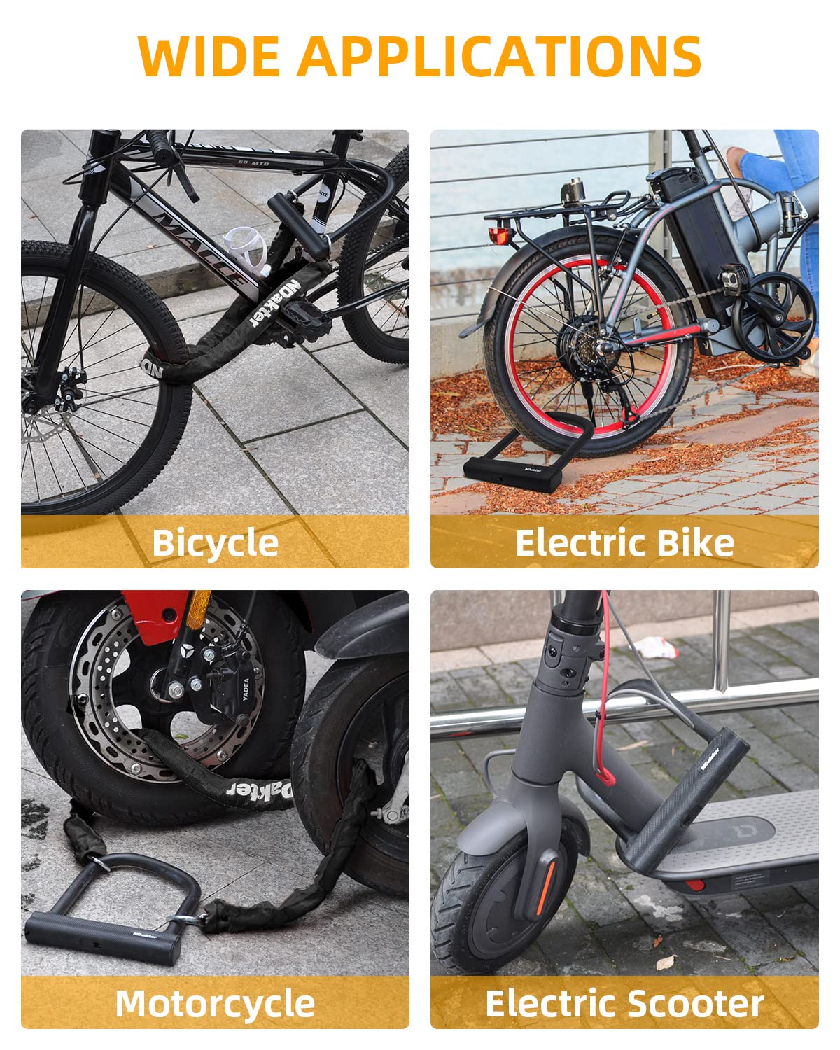 NDakter Bike Locks Heavy Duty Anti Theft 18mm Thick, Motorcycle U Lock with 4FT/120cm x 6mm Chain for Scooter, 3Keys Large U-Shaped Motorcycle Wheel Lock for Ebike, Moped, Fat-Tire,Tribike