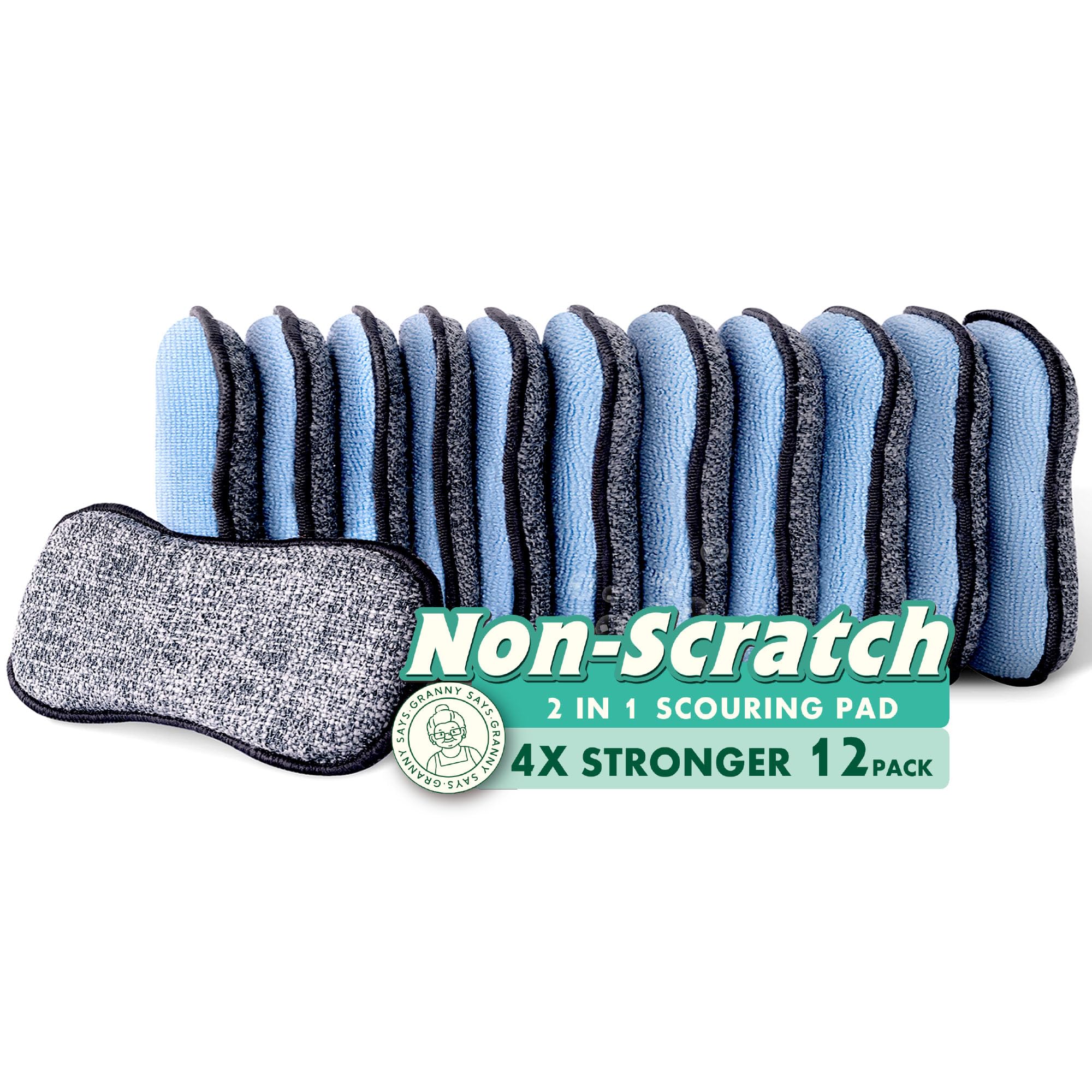 GRANNY SAYS Sponges Kitchen for Washing, Dish Washing Scrubbers, Scrubbing Pad for Cleaning, Scrub Sponge for Kitchen Non - Scratch, Scouring Pad for Pots and Pans, Washable & Microfiber Pad, 12 Pack