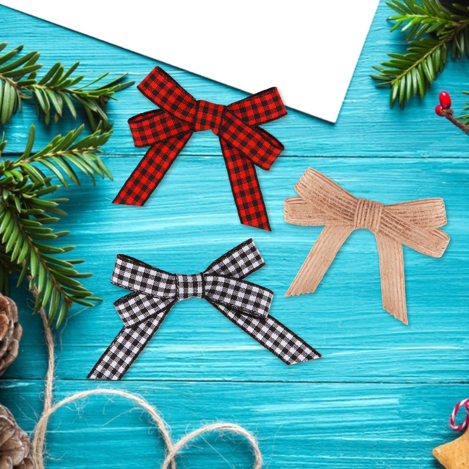 Meseey 30pcs 2.4" Mini Buffalo Check Plaid Red and Black Ribbon Twist Tie Burlap Bow White and Black Gingham Ribbon Double Bows for Packages Gift Wrapping Christmas Decoration