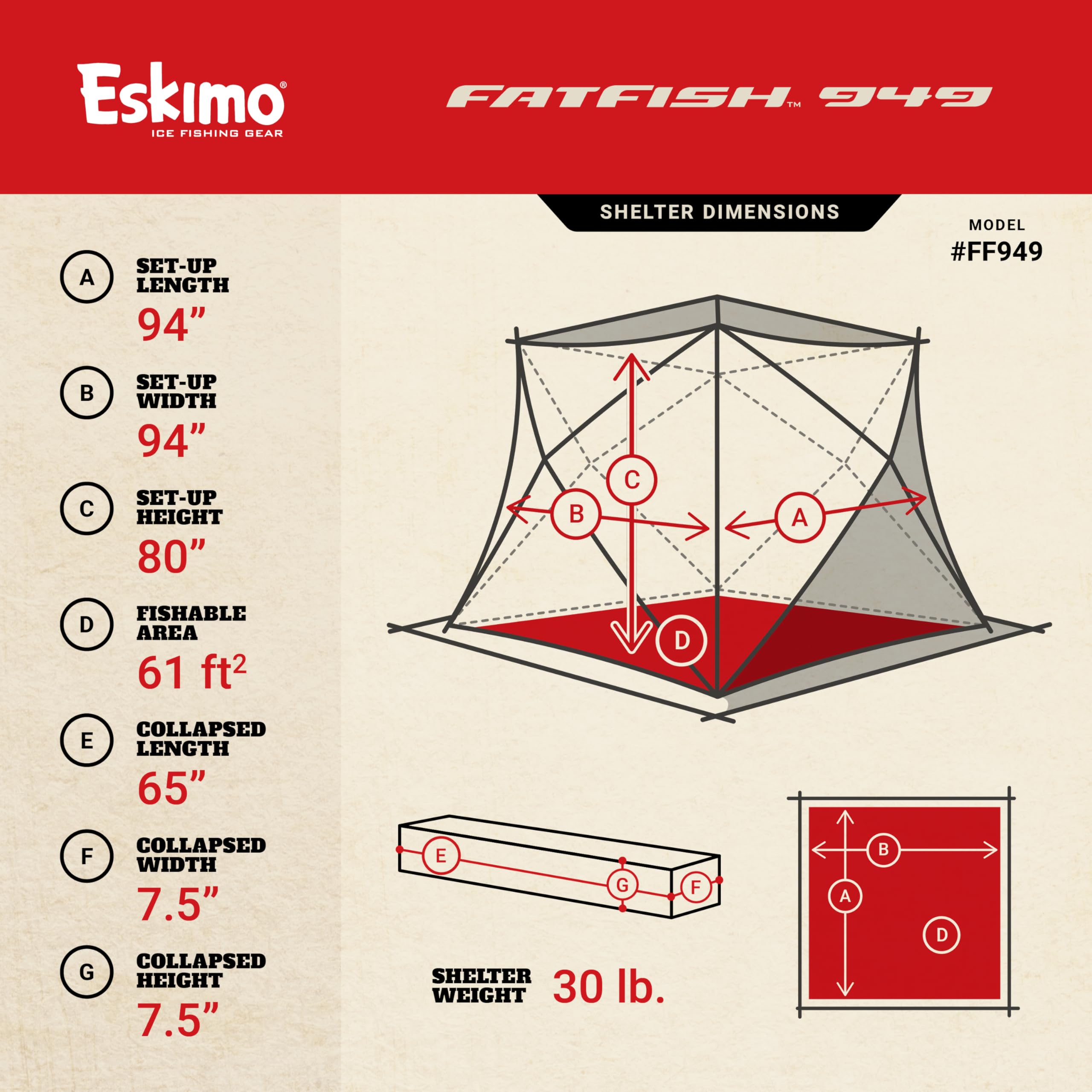 Eskimo FF949 FatFish Pop-up Portable Hub-Style Ice Shelter, Wide Bottom Design 61 sq ft. Fishable Area, 3-4 Person Non-Insulated , Red , 99" x 99"