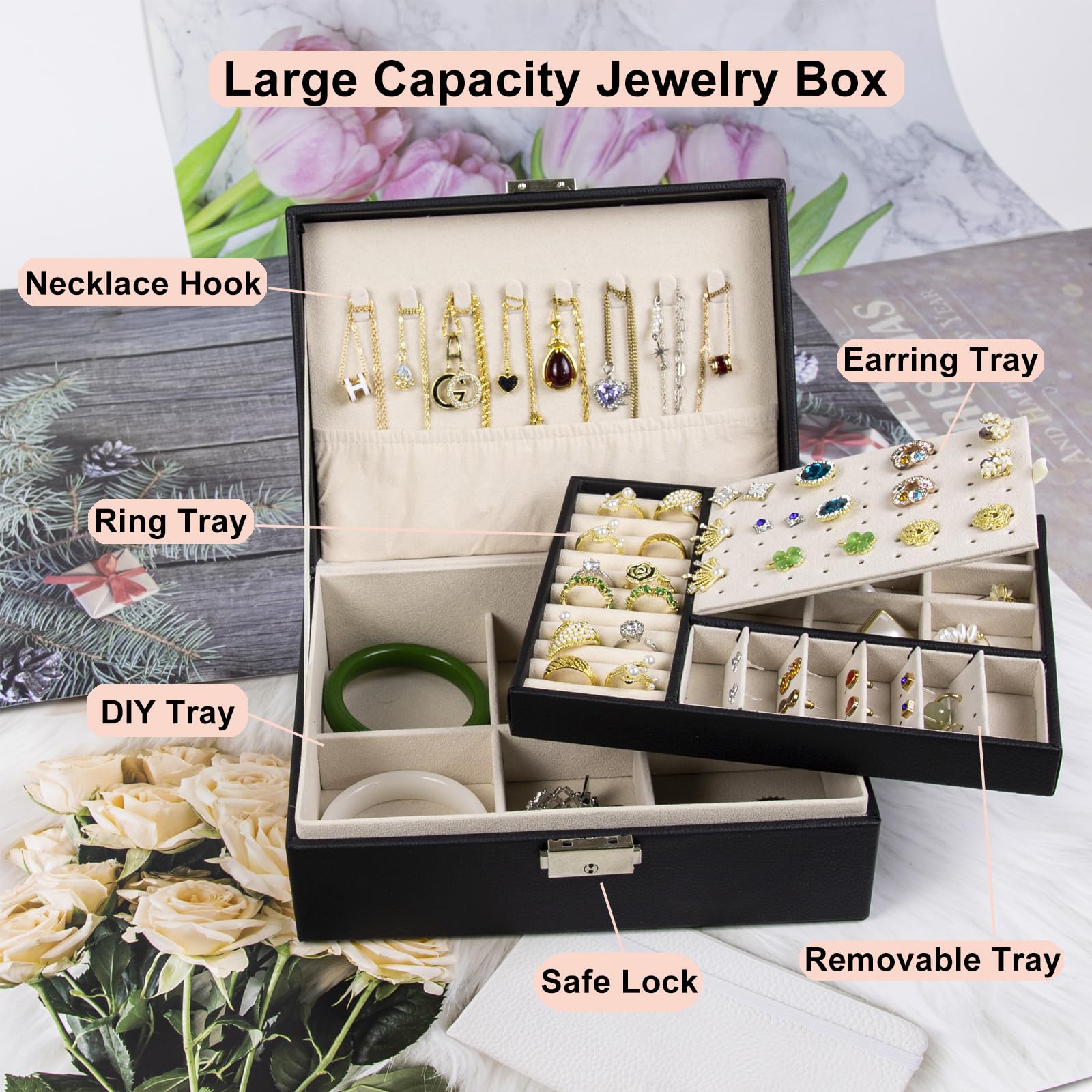 SYCARON Jewelry Box Organizer for Mothers Day Gifts, Jewelry Organizers 2 Layer Jewelry Storage Box PU Leather with Lock for Women Girls Rings Earrings Necklace Bracelets, Black