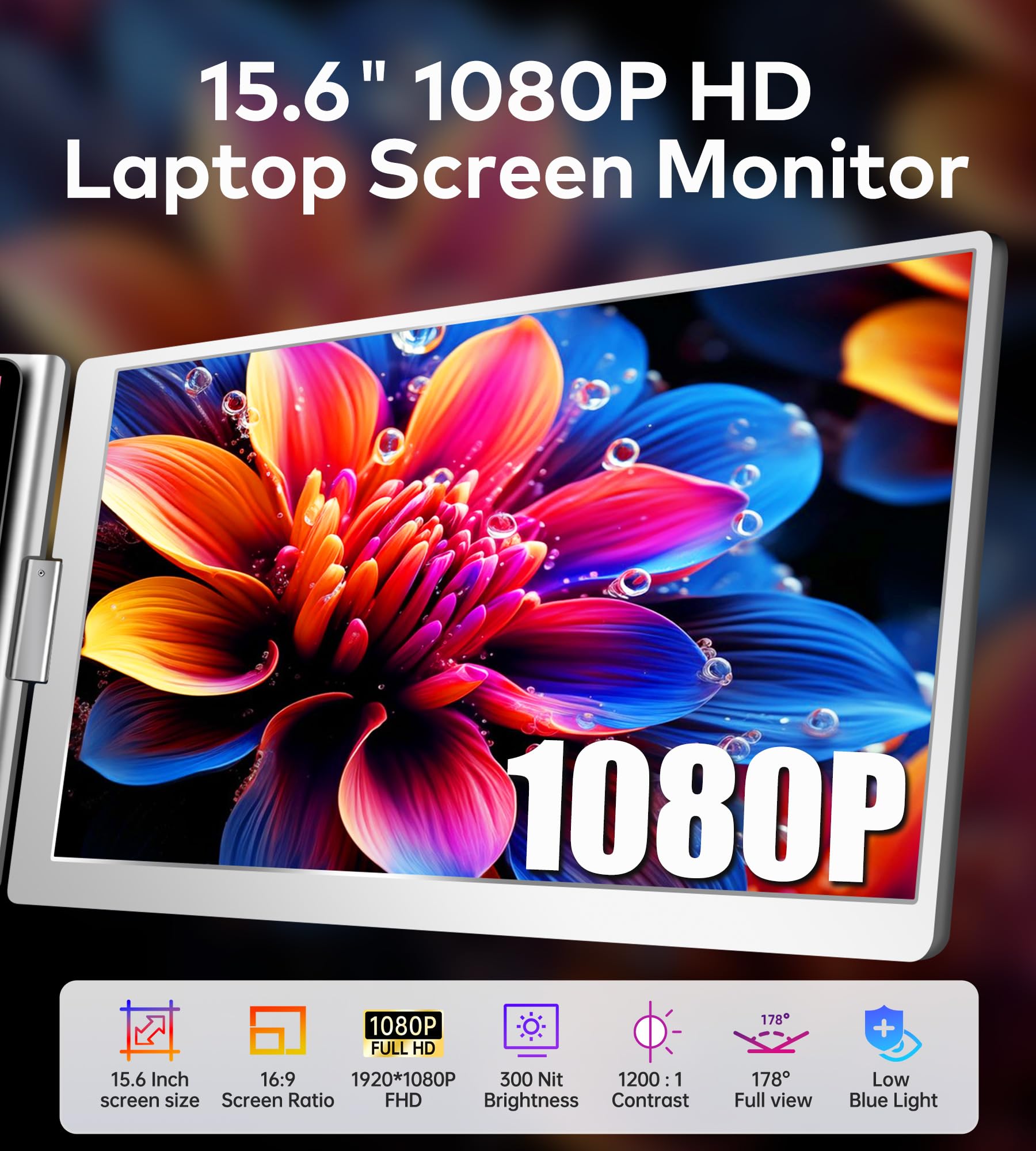 FOPO 15.6" Laptop Screen Extender Monitor Portable, Quad Monitor, Just 1 Cable for 3 Screens, FHD 1080P IPS Laptop Extender Compatible with Wins/Mac for 13.6" ~ 17.3" Laptops