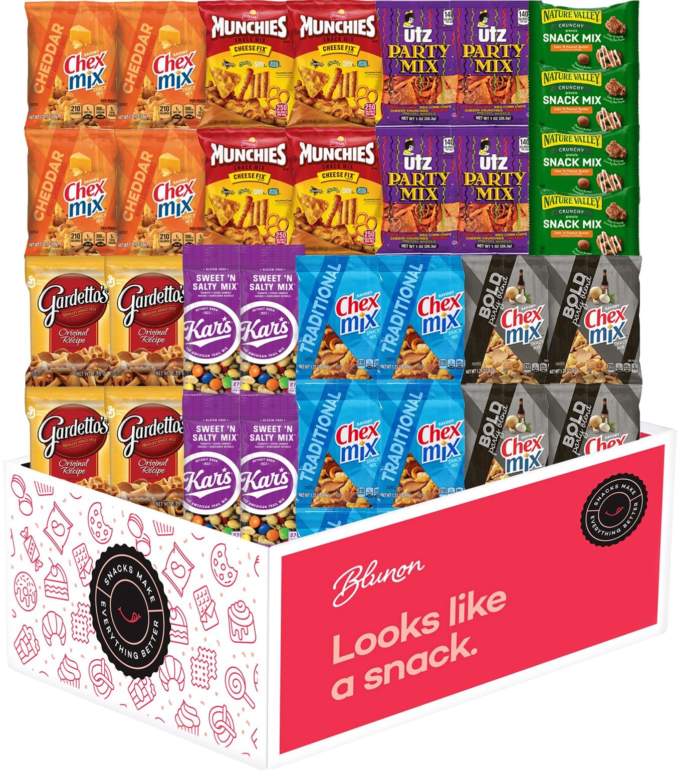Snacks Variety Pack for Adults - Snack Pack Care Package - Party Mix Snack Mix Gift Box - Chex Mix Individual Packs Bulk Assortment (32 Pack)