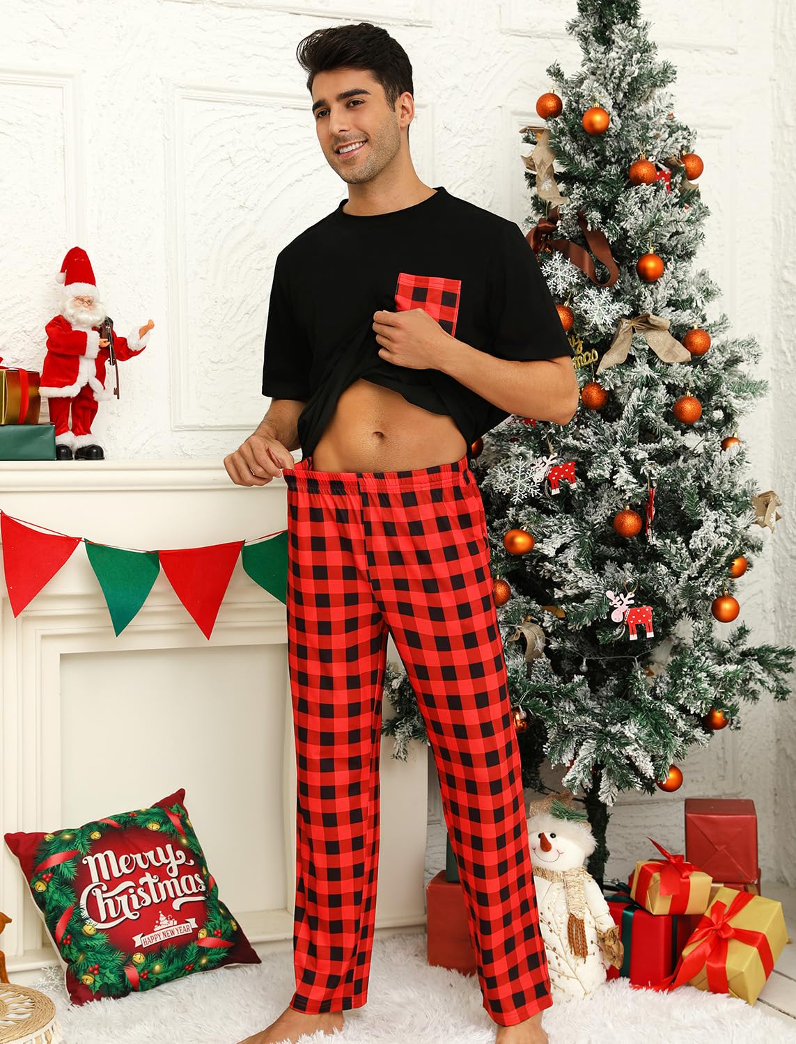 EISHOPEER Couples Matching Pajamas Sets Cotton Short Sleeve Sleepwear Printed Loungewear Pjs Set with Long Pants Black/Red Plaid Large