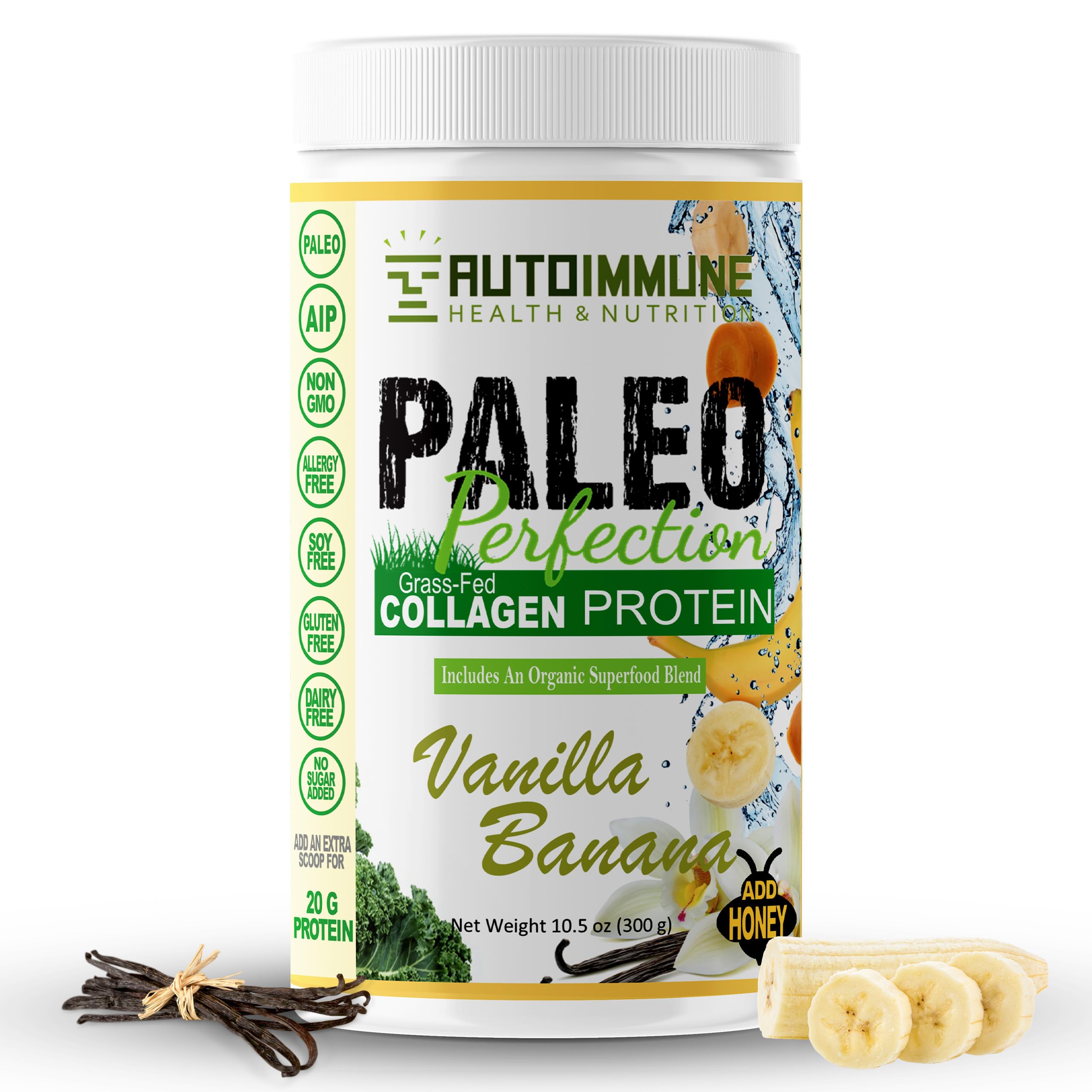 Paleo Perfection Vanilla Banana Grass Fed Beef Collagen Protein Powder without Stevia - Paleo, Keto, SCD, AIP Protein Powder with Apple Fiber, Carrot & Broccoli - 300g Protein Powder & Superfood Blend