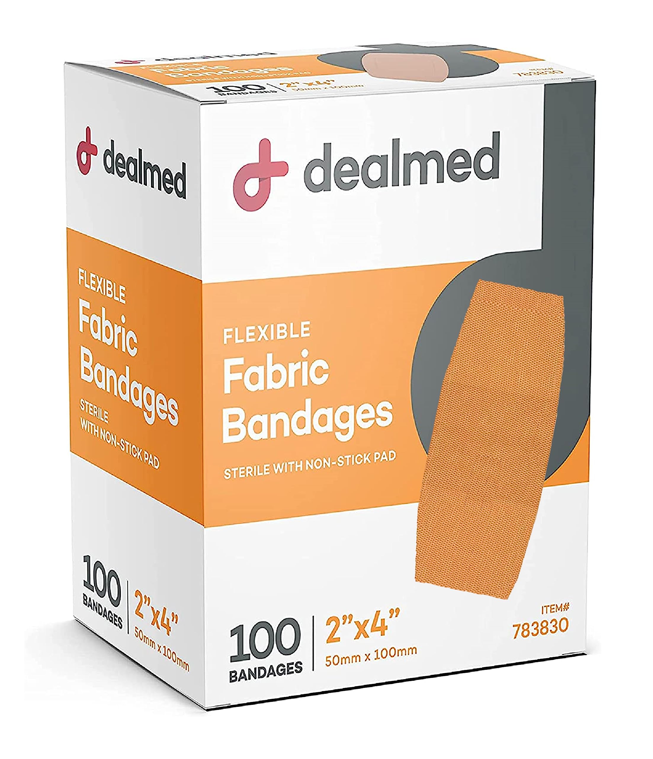 Dealmed Fabric Flexible Adhesive Bandages with Non-Stick Pad, Latex Free, Wound Care for First Aid Kit, 2" x 4" (Box of 100)