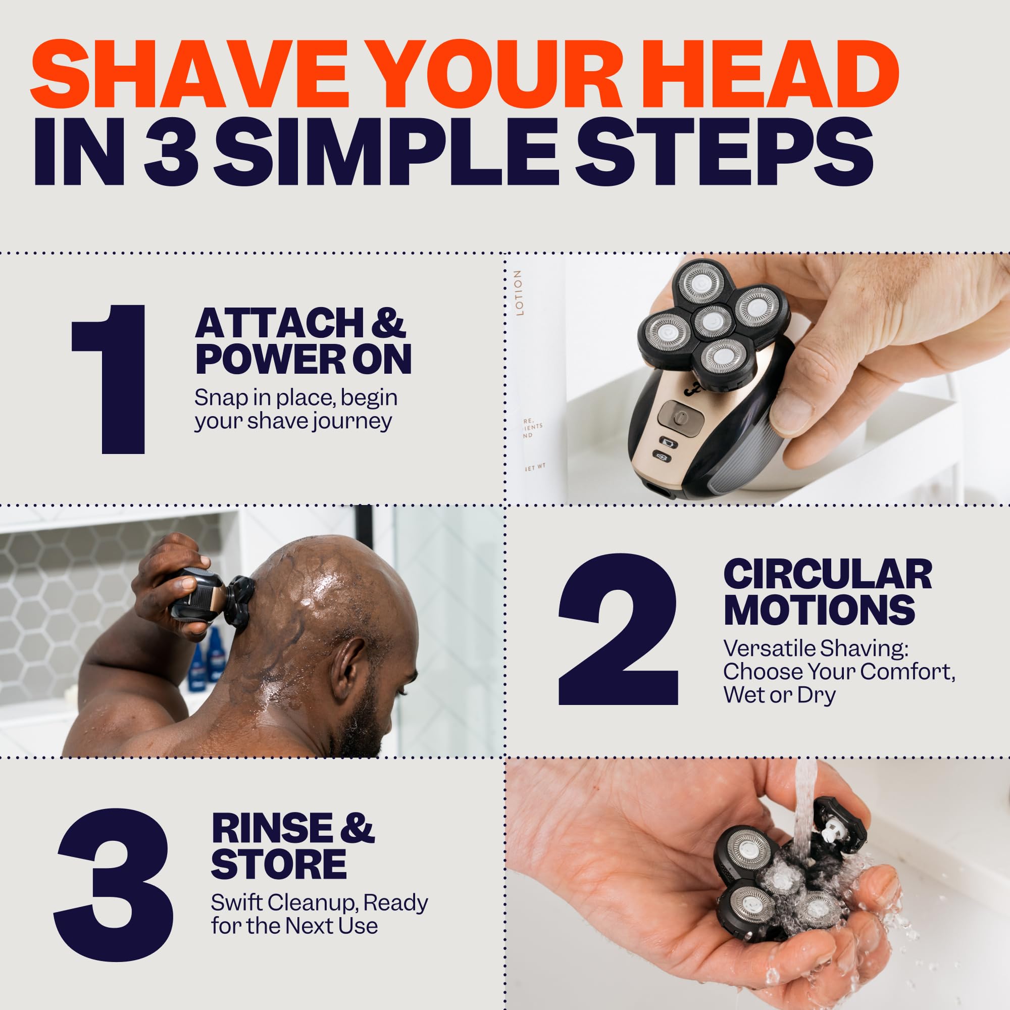 The FlexSeries Electric Head Hair Shaver - Freebird - Ultimate Mens Cordless Rechargeable Wet/Dry Skull & Bald Head Waterproof Razor with Rotary Blades, Clippers, Nose Trimmer, Brush, Massager