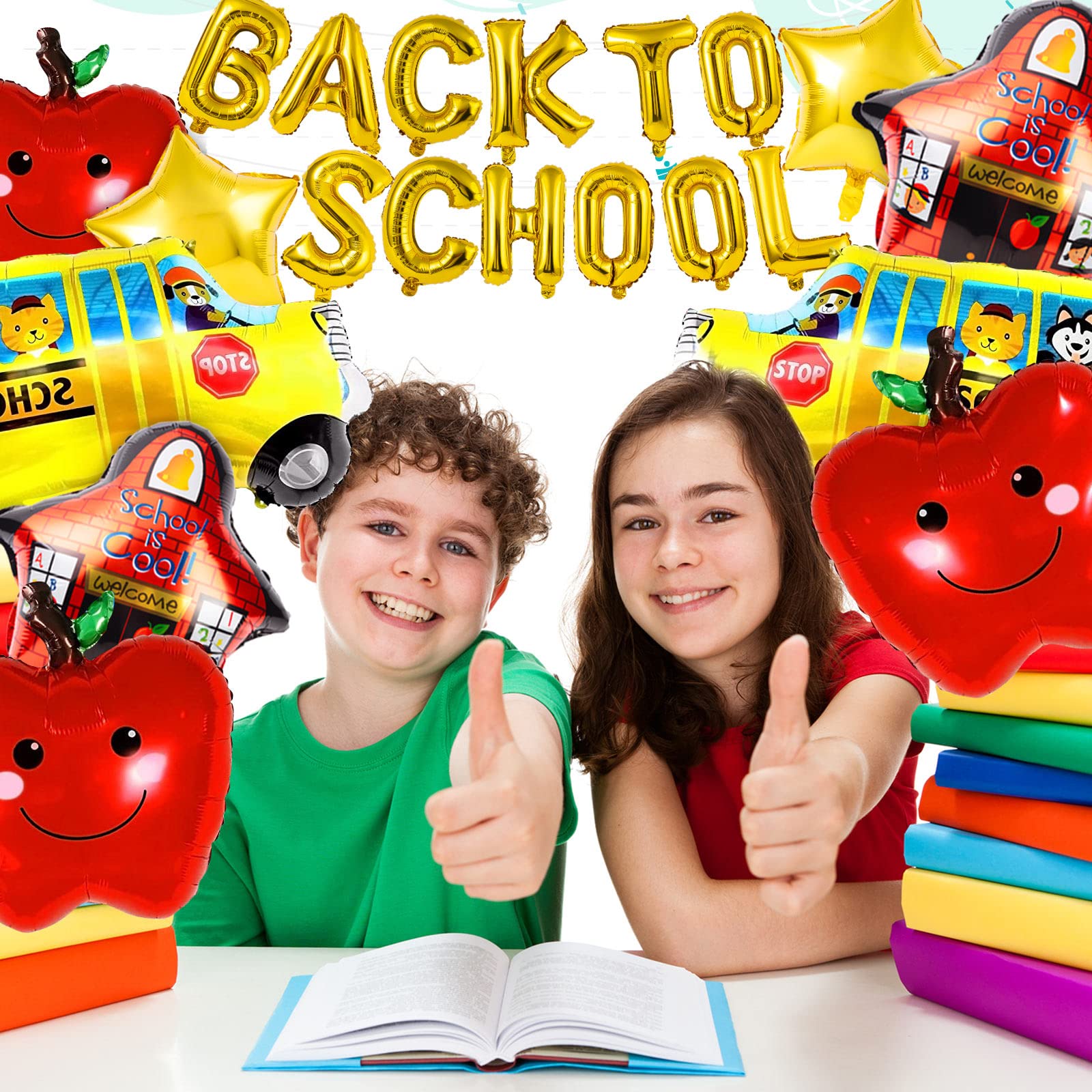 20Pcs Back to School Balloon, Welcome School Bus Foil Balloons, Happy Apple Helium Mylar Balloons Bulk for School Party Decorations