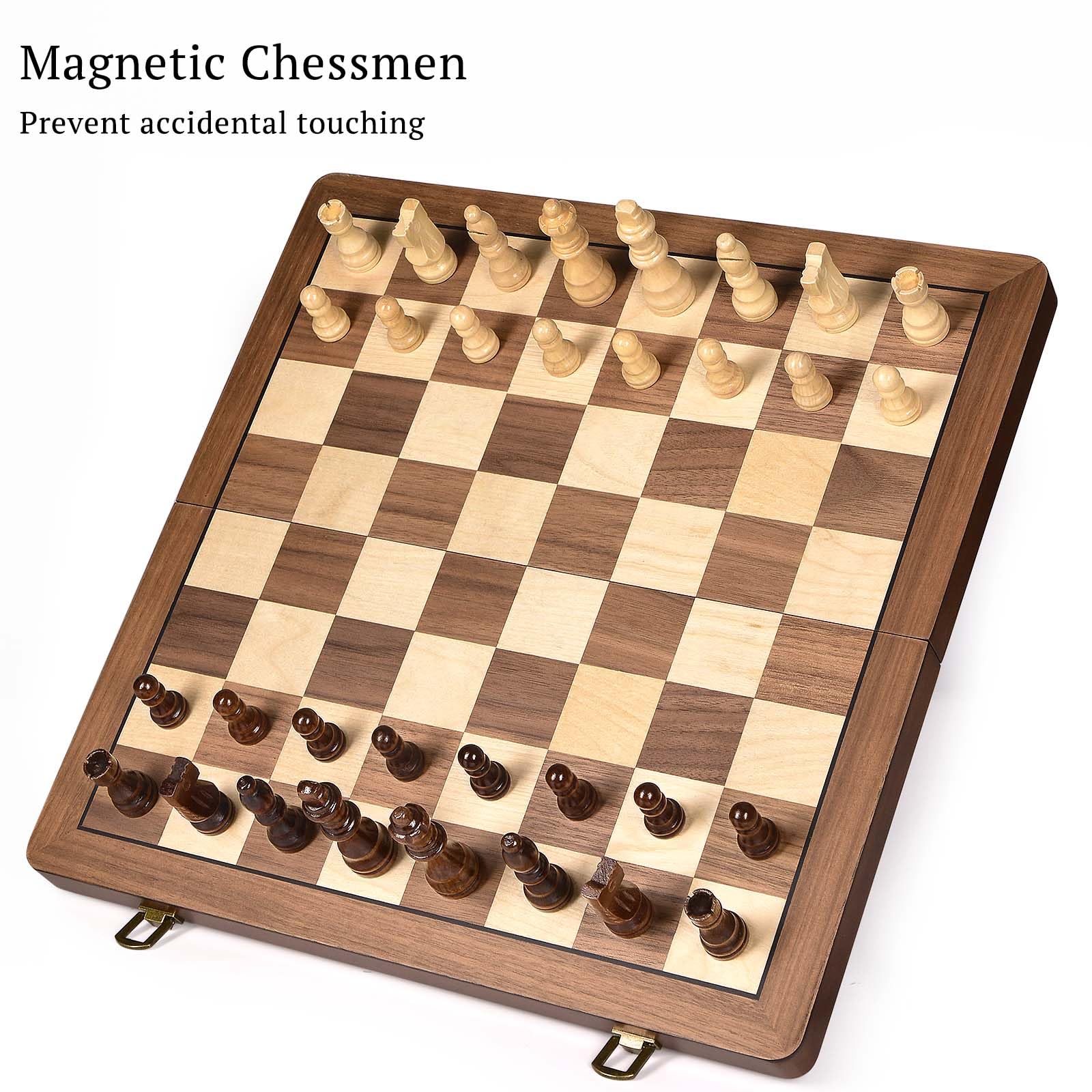 ELONGDI 15" Wooden Chess Set with Magnetic Pieces - Extra Queens - Folding Chessboard Portable Travel Tournament Chess Board Games for Adults Kids