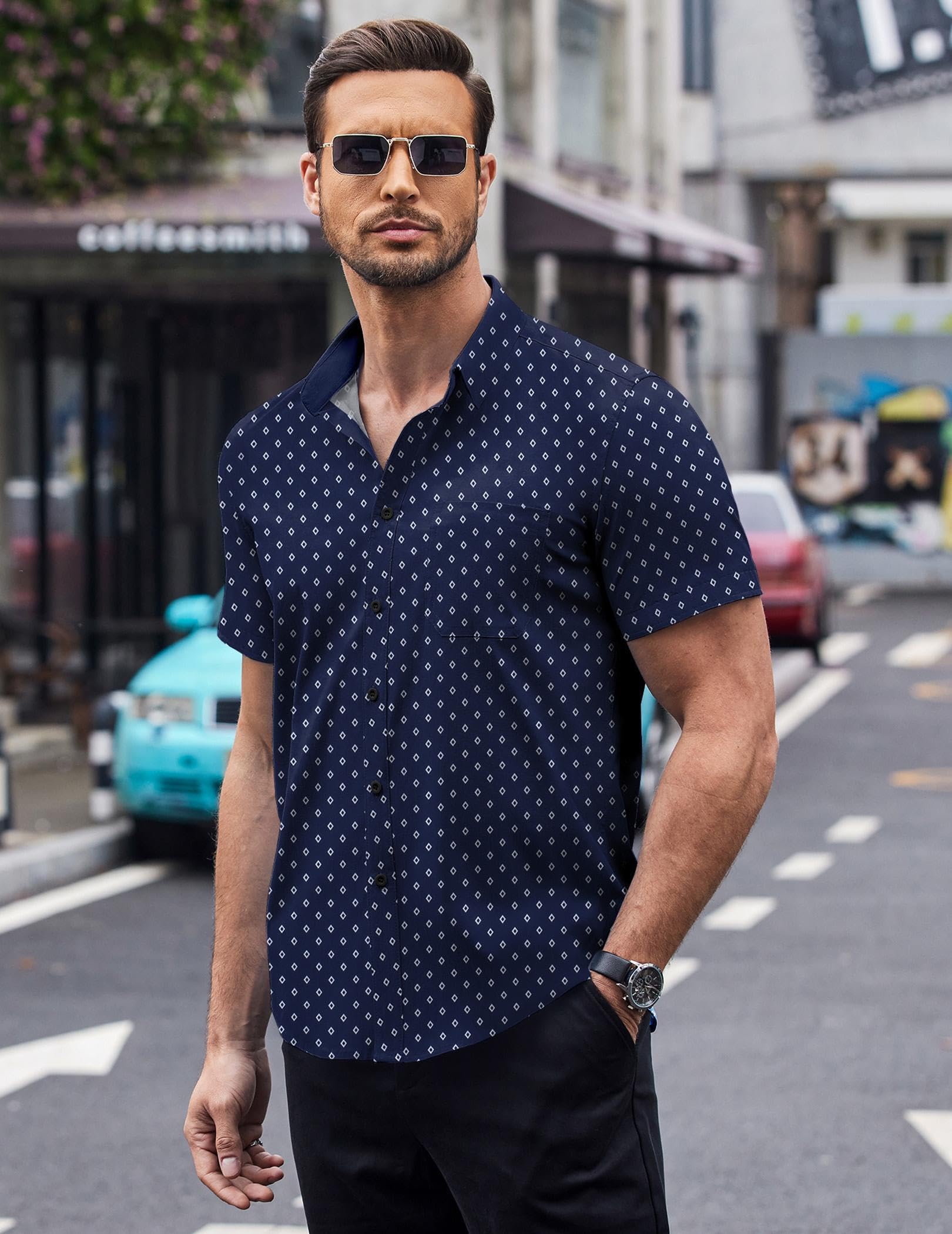 COOFANDY Men's Short Sleeve Dress Shirts Wrinkle Free Polka Dot Print Shirt Casual Button Down Shirts with Pocket