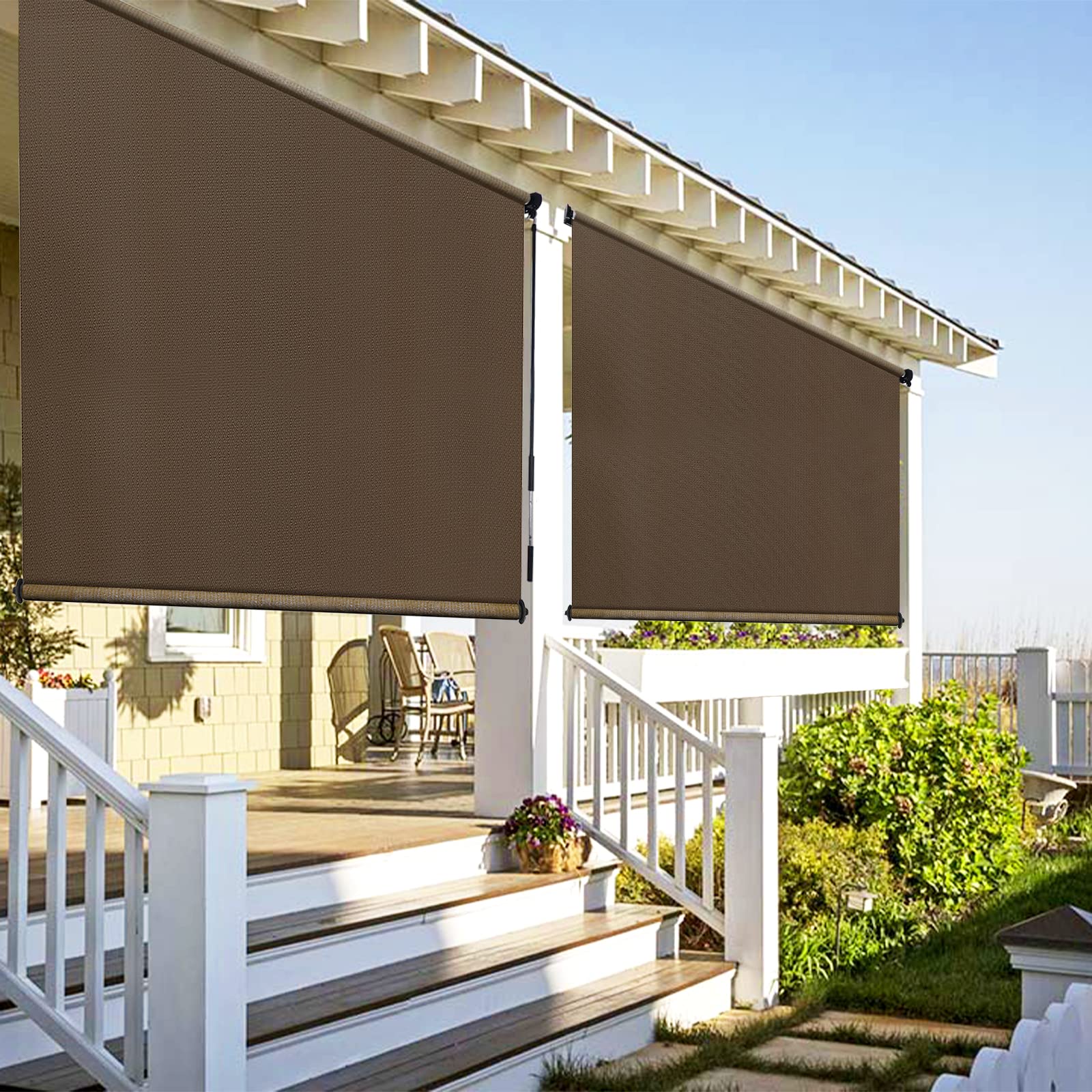 Amagenix Outdoor Roller Shades 7'(W) x 8'(H), Exterior Cordless Patio Shades Roll up Outdoor Blinds for Porch Gazebo, Mocha