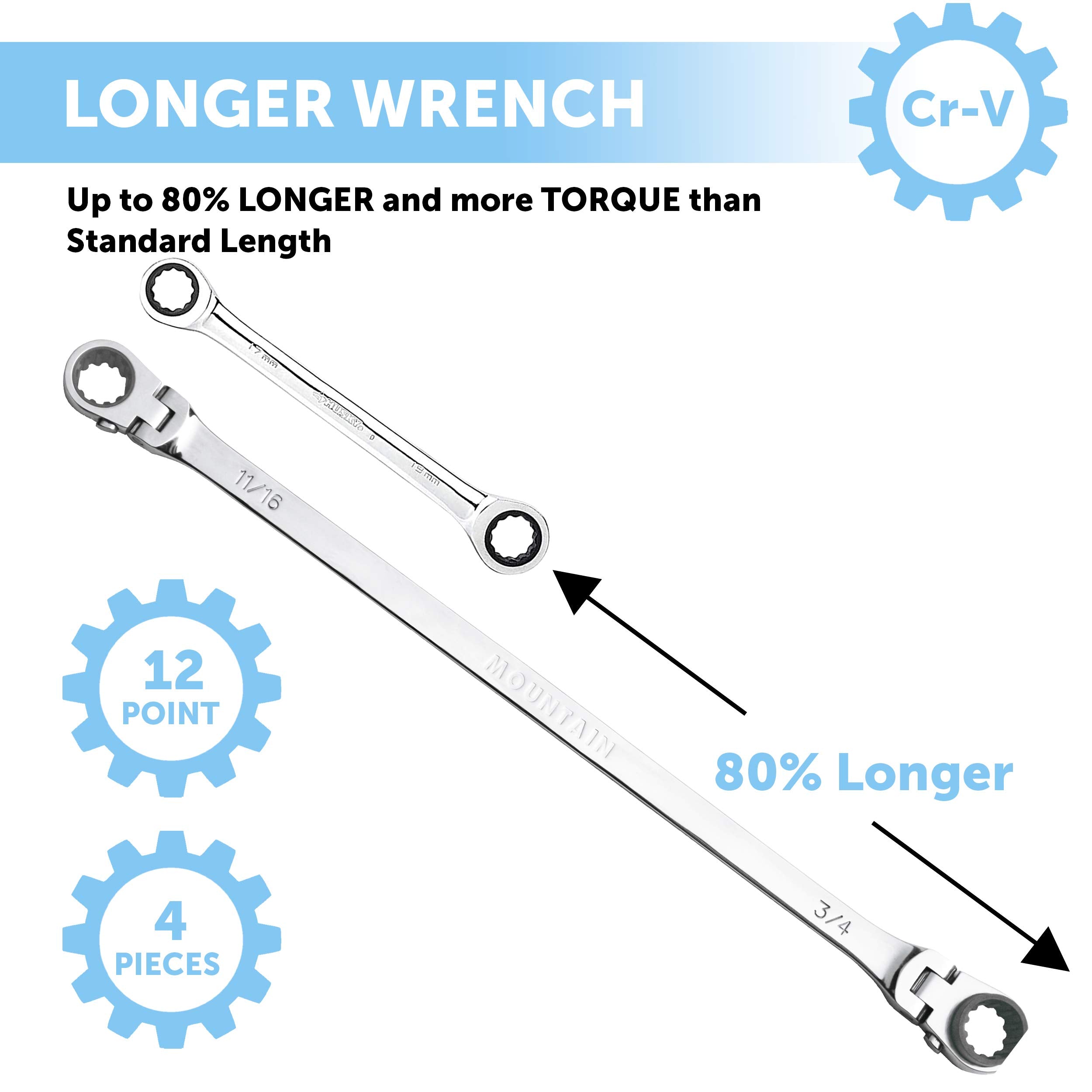 Mountain RF7 SAE Reversible Double Raised Box Ratcheting Wrench Set, Universal Spline, 90 Tooth Design, 180 Degree Rotating Head, Sizes 5/16", 3/8", 7/16", 1/2", 9/16" 5/8", 11/16", 3/4", 4-Piece
