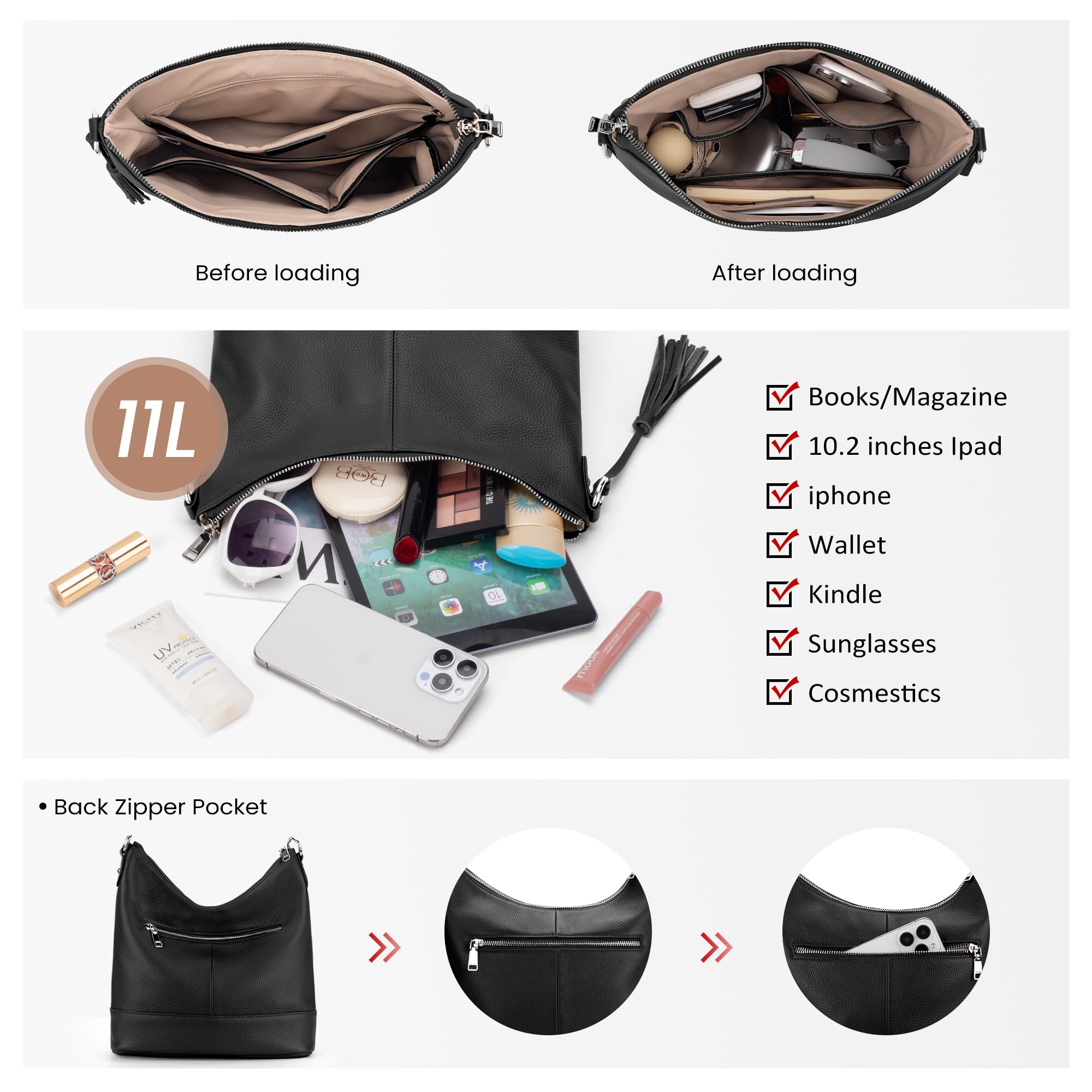 befen Genuine Leather Hobo Crossbody Bag for Women, Large Black Leather Purses, Women's Shoulder Handbags with 2 Removable Strap, Durable Slouchy Bucket Purse With Zipper Pocket for Everyday & Travel