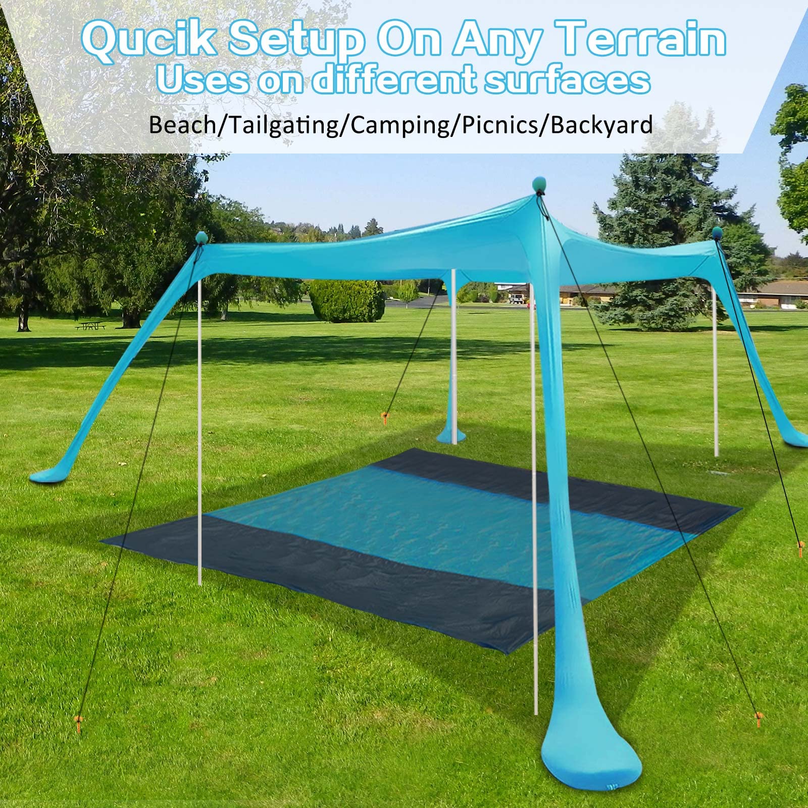 Beach Canopy Beach Tent Sun Shelter 11X11 FT Include Beach Blanket UPF50+ Sun Protection Windproof Ropes 4 Poles Carry Bag Easy to Set Up Extra Large for Outdoor Camping