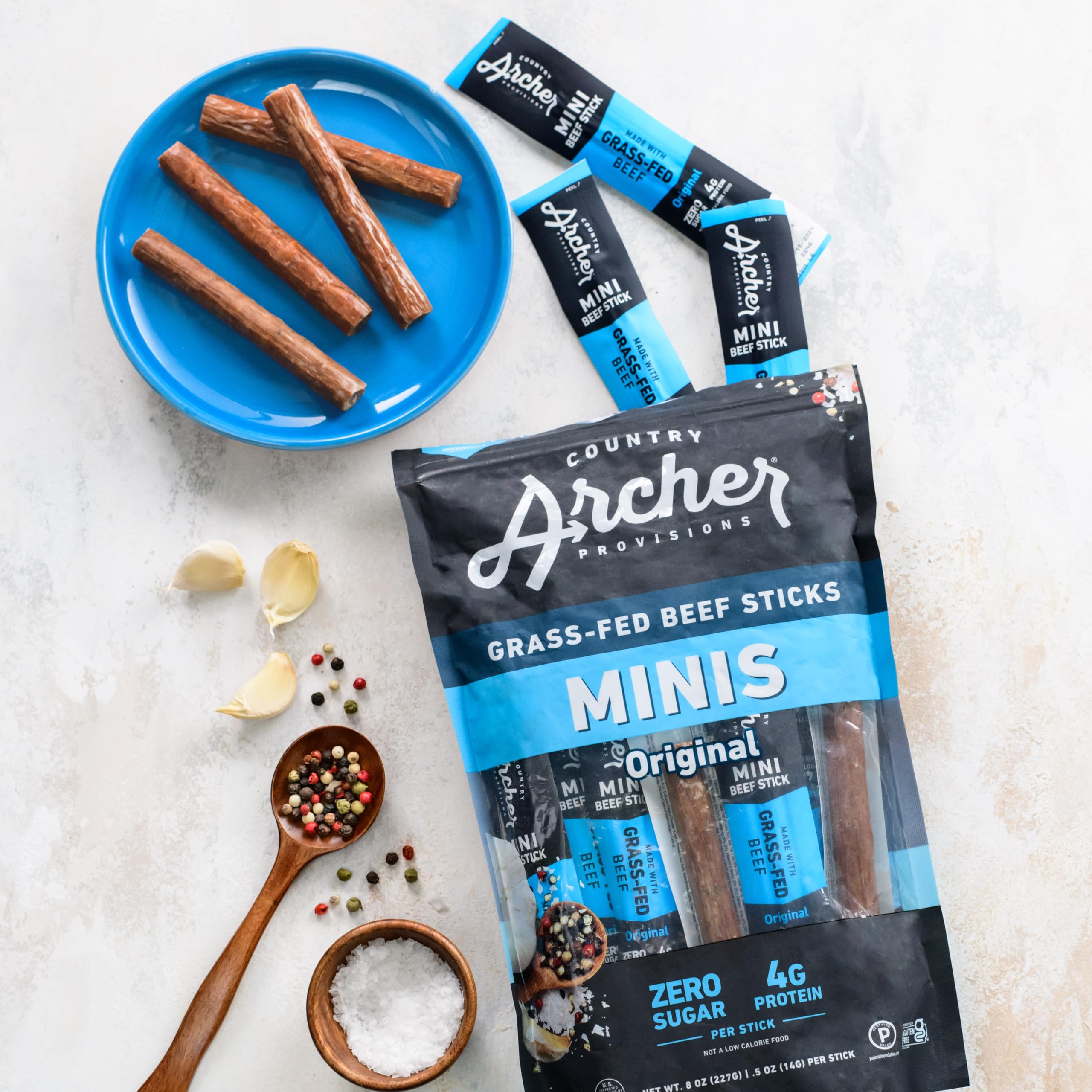 Country Archer Mini Beef Jerky Sticks - Grass Fed Beef Sticks Individually Wrapped, Mini Beef Sticks Bulk, Beef Jerky Snack Packs, Gluten Free, Paleo, Keto - .5 oz Meat Sticks (Pack of 36)
