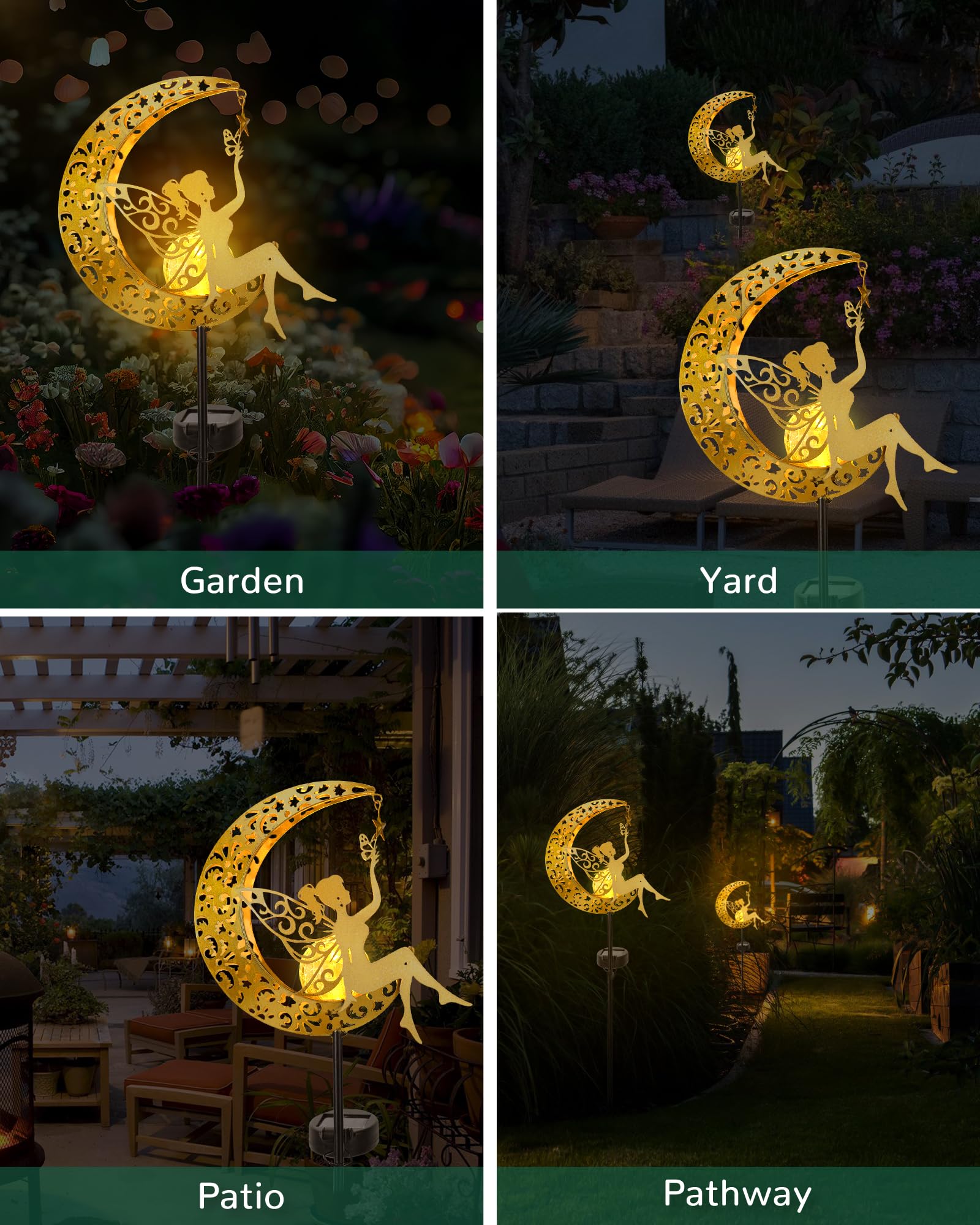 Vuees Solar Garden Statues Outdoor Decor, Fairy Moon Figurine Light Stake, Housewarming Ornament for Patio, Lawn, Yard, Pathway - Unique Gift Ideas for Gardening Mom Grandma