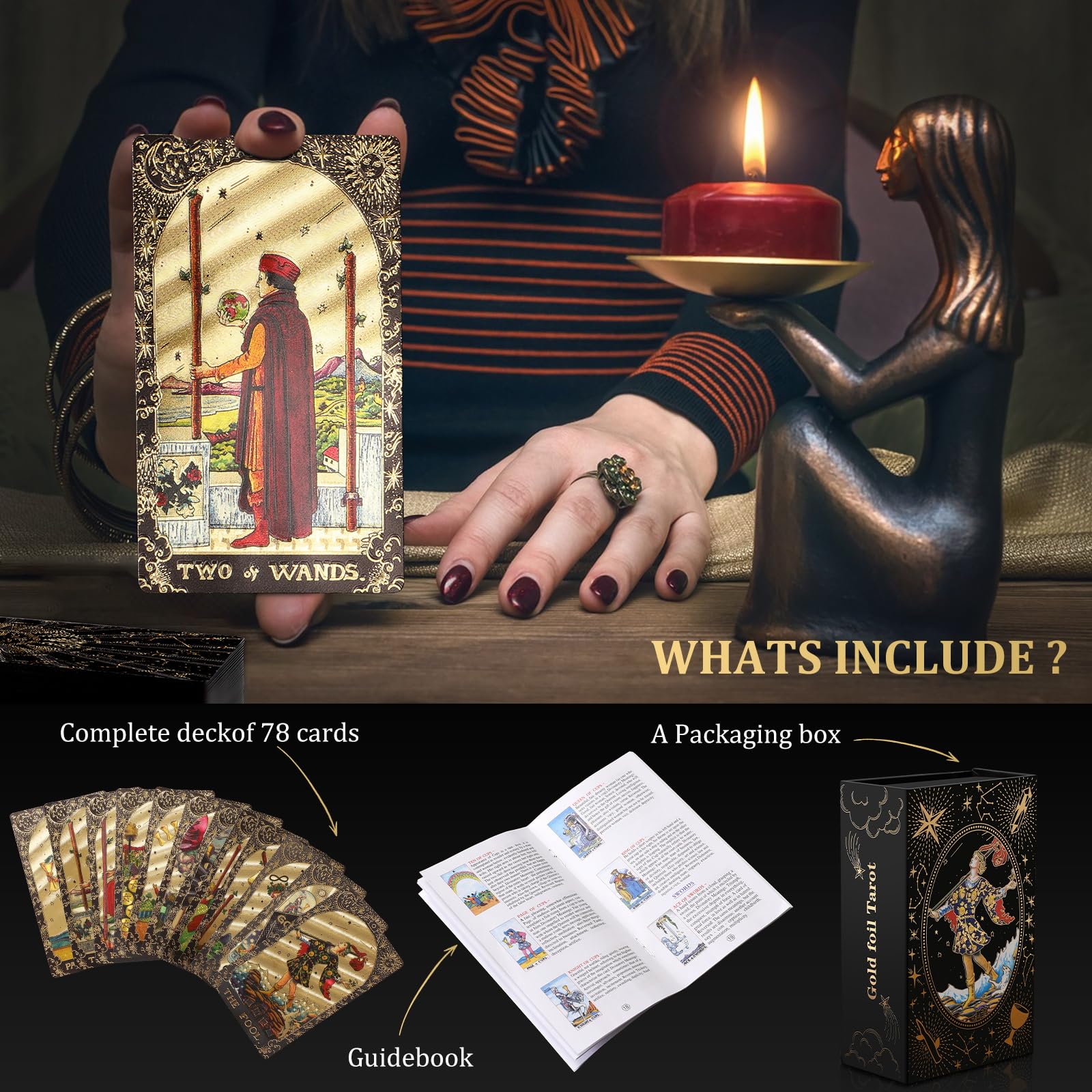 KIINO 78 Black Gold Tarot Cards with Guide Book Tarot Deck PVC Thick Tarot Cards for Beginners Tarot Durable Waterproof Wrinkle Resistant