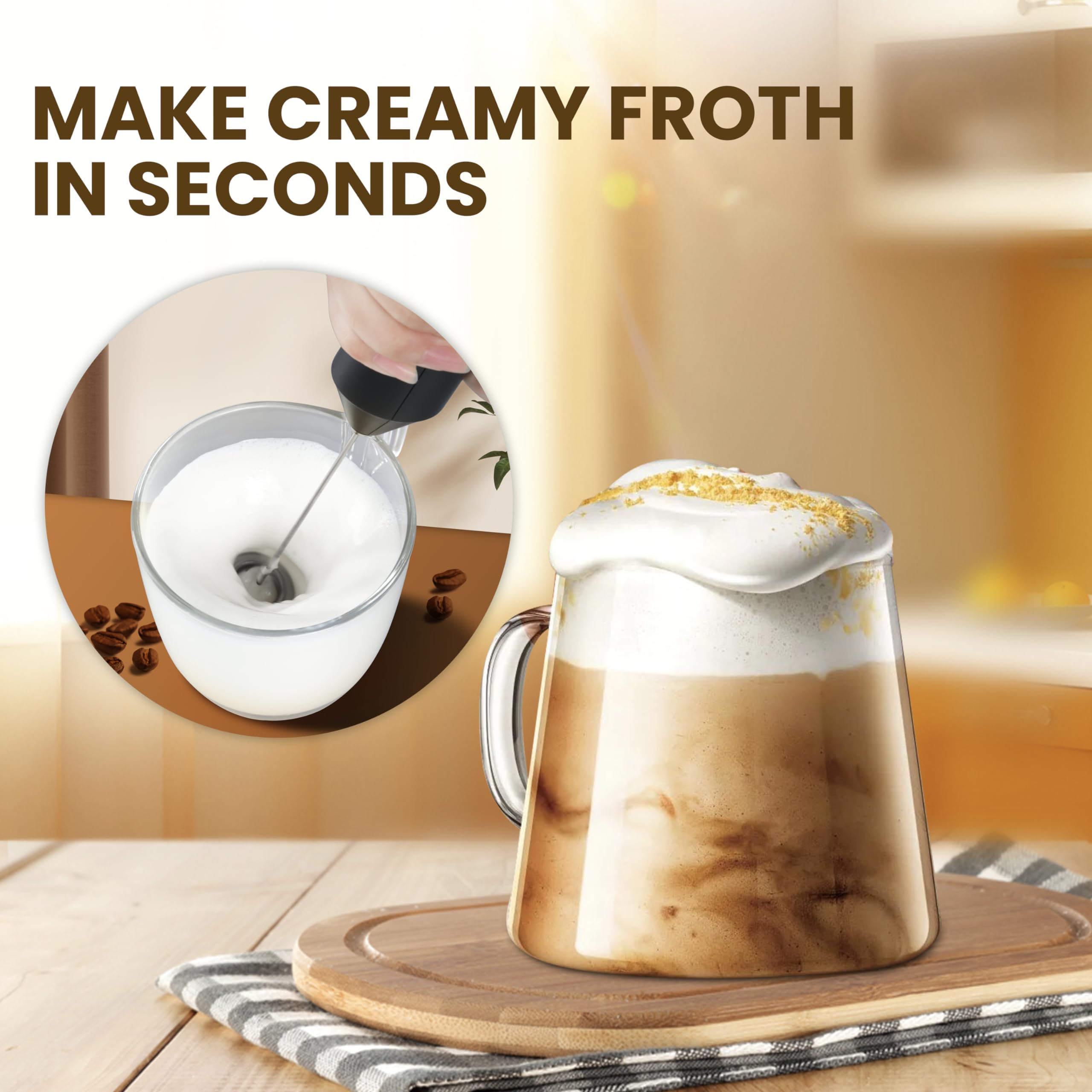 InfiniPower Milk Frother Handheld with Stainless Steel Stand, Battery Operated Whisk Maker Hand Drink Mixer for Lattes, Coffee, Cappuccino, Matcha, Black