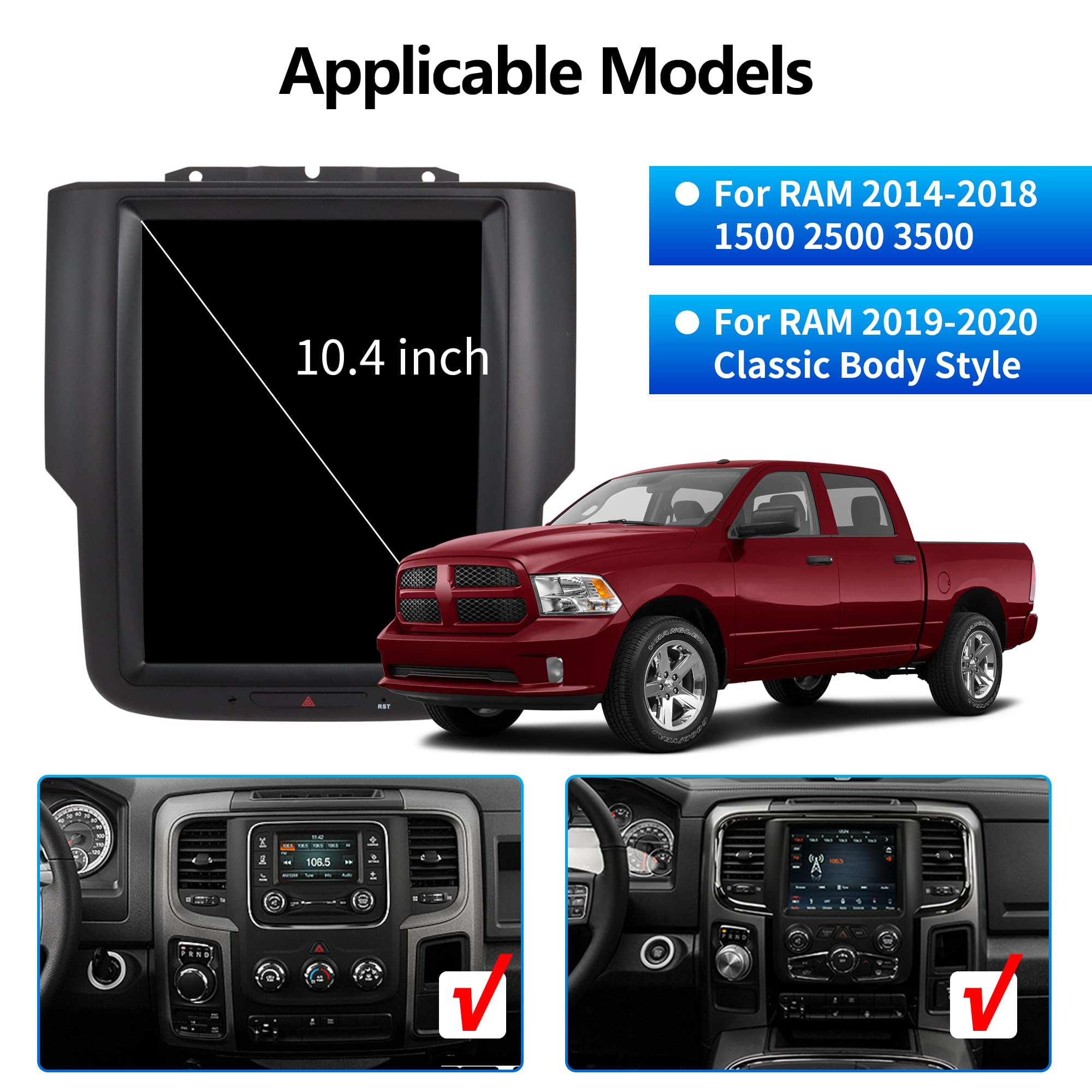 LINKSWELL T-Style 10.4 Inch Radio Replacement for RAM 2013-2018 Trucks 1500 2500 3500 GPS Navigation Android Head Unit Multimedia Player HDMI/BT/USB/AUX/WiFi Car Stereo TS-DGPU10-4RR-4B
