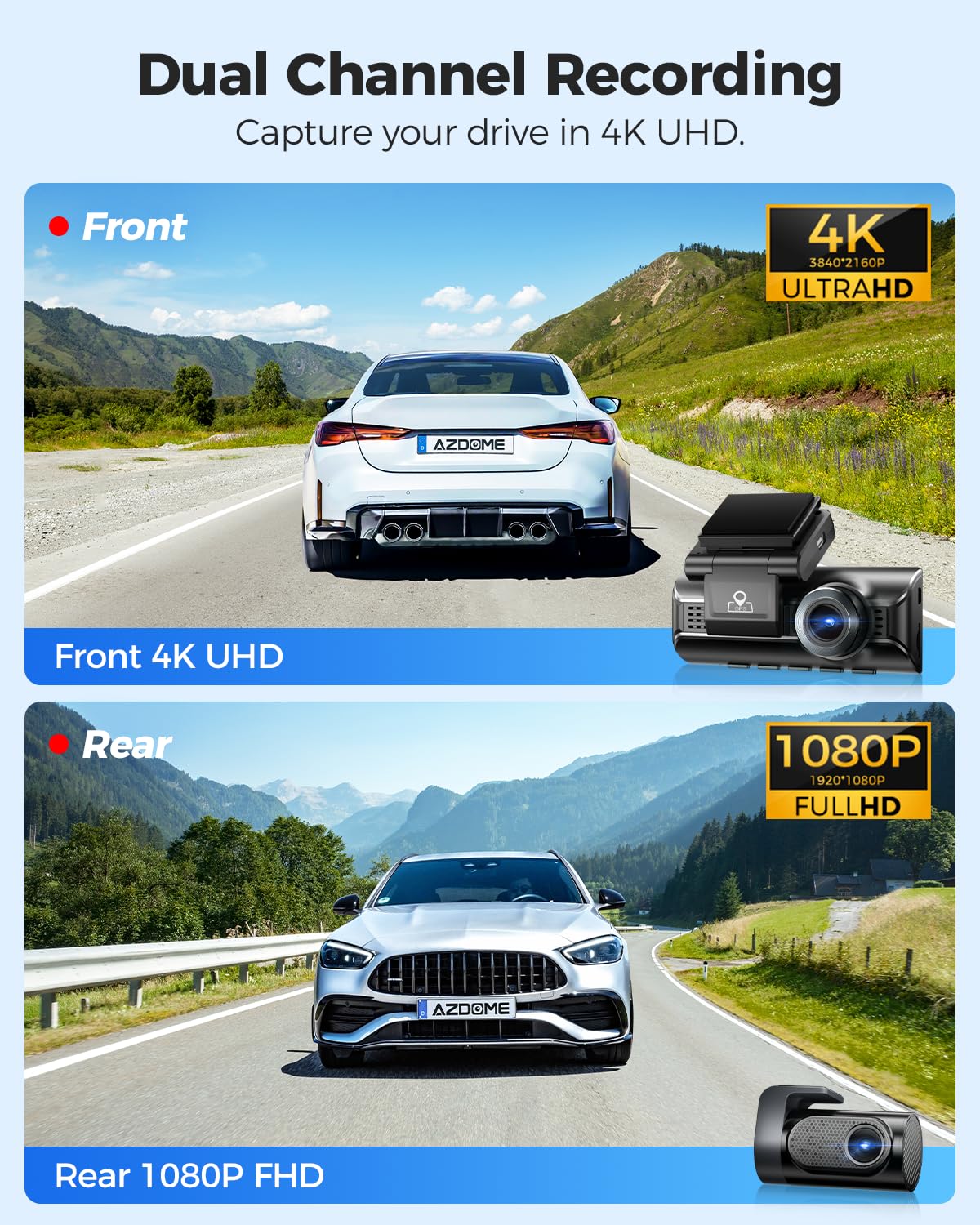 AZDOME M550 Pro 5G WiFi 3 Channel Dash Cam Built-in GPS, 4K+1080P Dual Dash Camera for Cars with 64GB Card, 1440P+1080P+1080P Front and Rear Inside, 3.19" IPS Screen, IR Night Vision, 24H Parking Mode