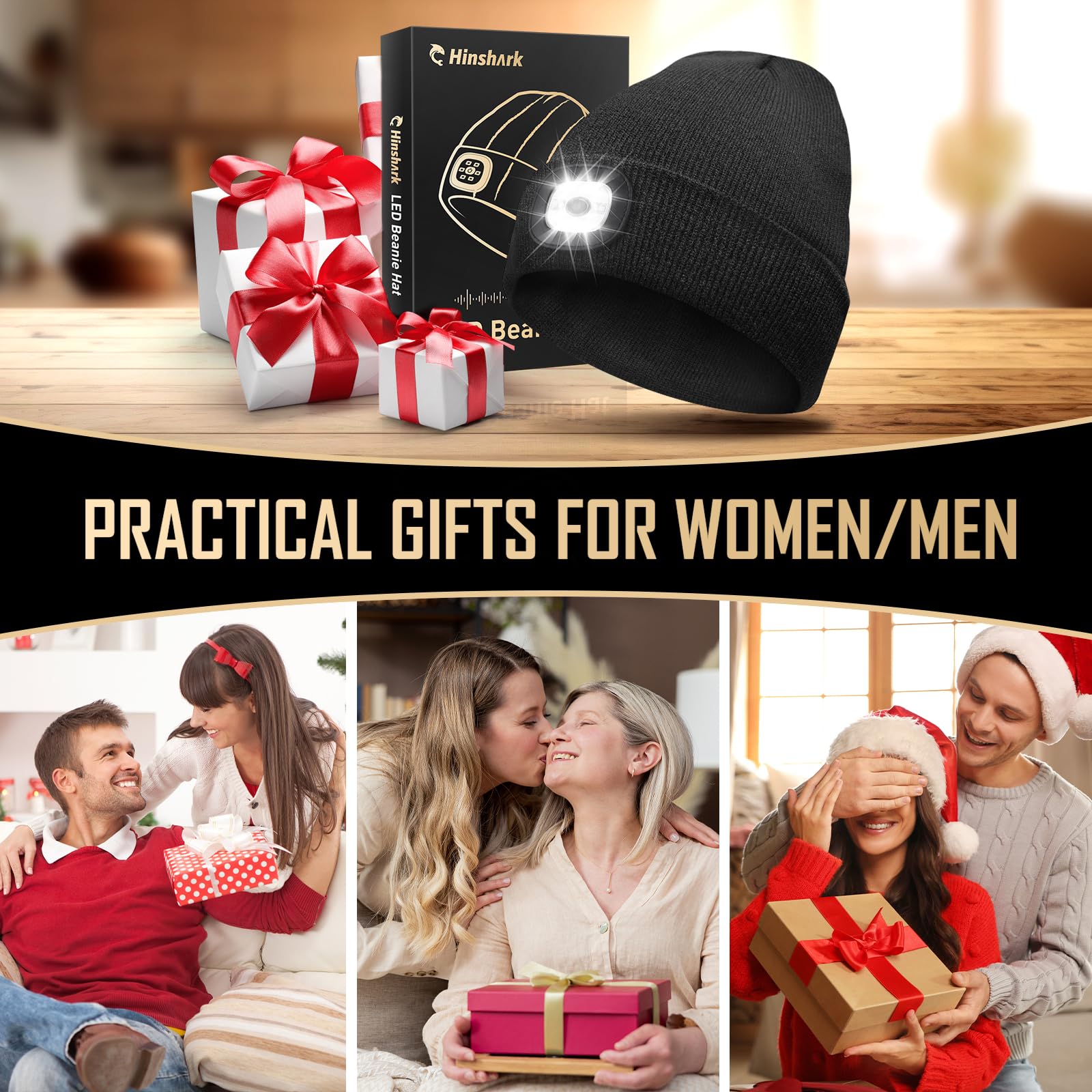 Gifts for Men, Stocking Stuffers for Adults Men LED Beanie Hat with Light, Dad Mens Gifts for Christmas, Unique Gifts for Men Dad Him Husband Grandpa, Unique Stocking Stuffers for Women & Men Black