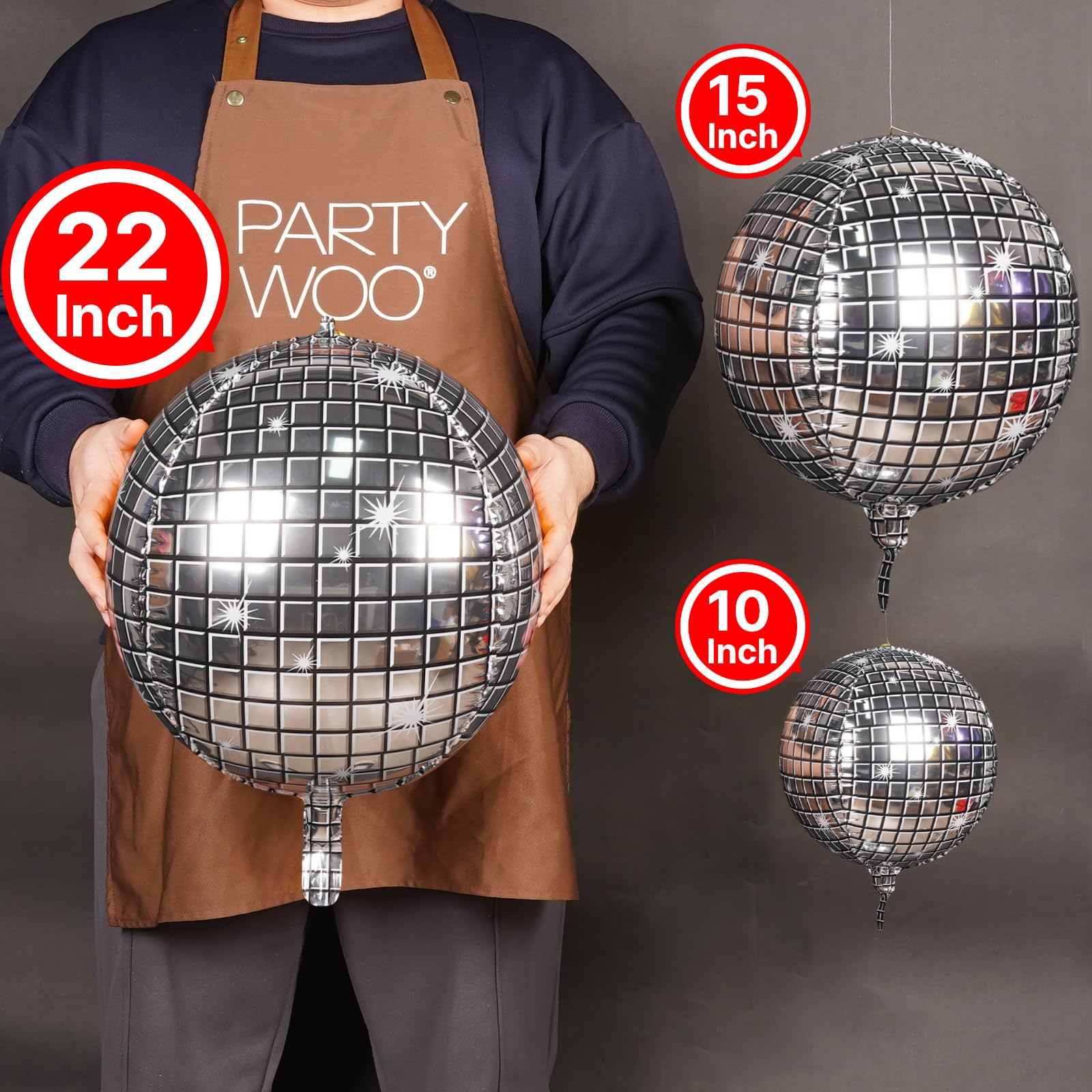 PartyWoo Silver Disco Ball Foil Balloons 20pcs Different Sizes Pack of 22 15 10 Inch Large Round Foil Orbz 4D Inflatable Mirror Ball Mylar Balloons for Graduation Men Birthday Space Party Decorations