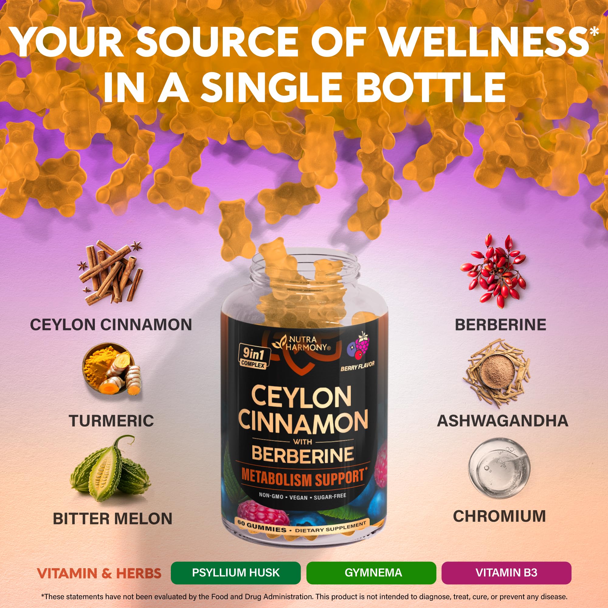 Ceylon Cinnamon Gummies 2000 mg - Berberine | Turmeric | Ashwagandha | Bitter Melon | Psyllium - Metabolism, Energy & Heart Support for Men & Women - Sugar-Free, Natural Berry Flavor - 60 Gummies