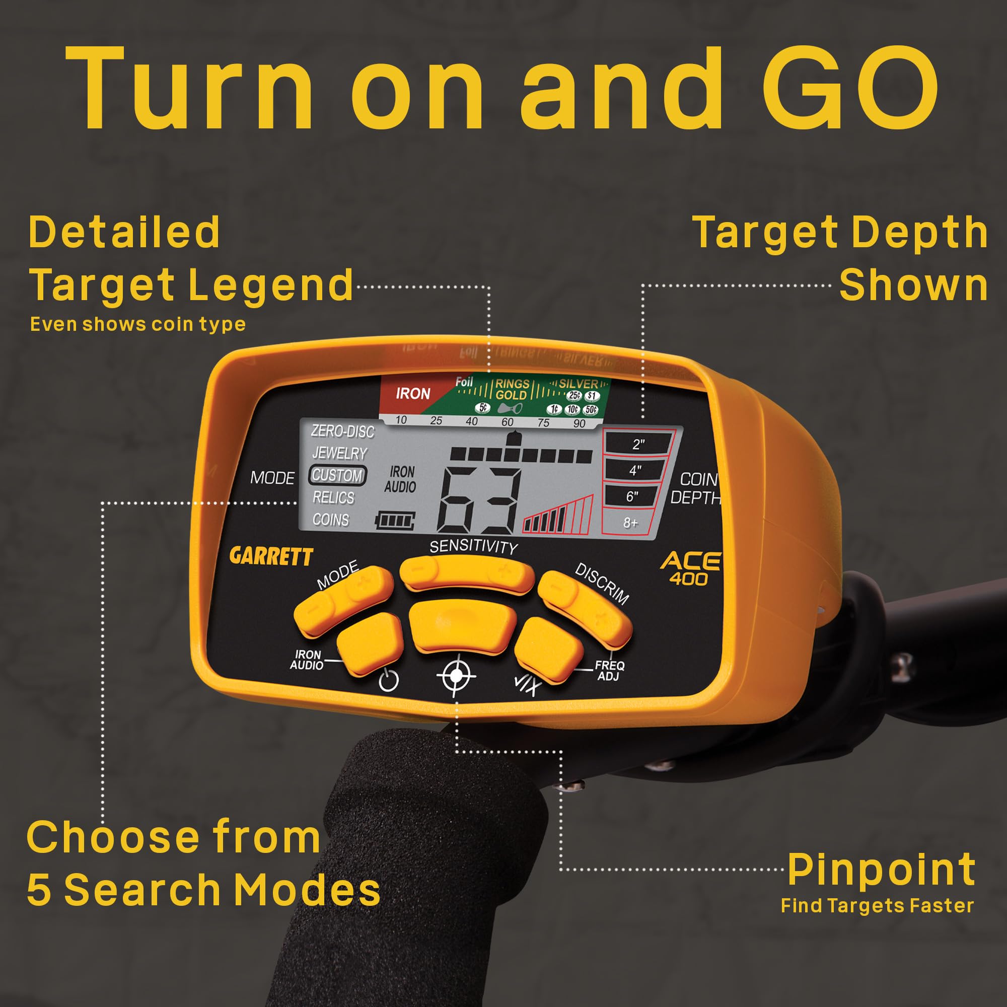 Garrett ACE 400 Metal Detector Bundle – Made in The USA - Digital Target ID, Iron Audio, Adjustable Frequency, Includes Pro-Pointer at, Headphones & Searchcoil Cover