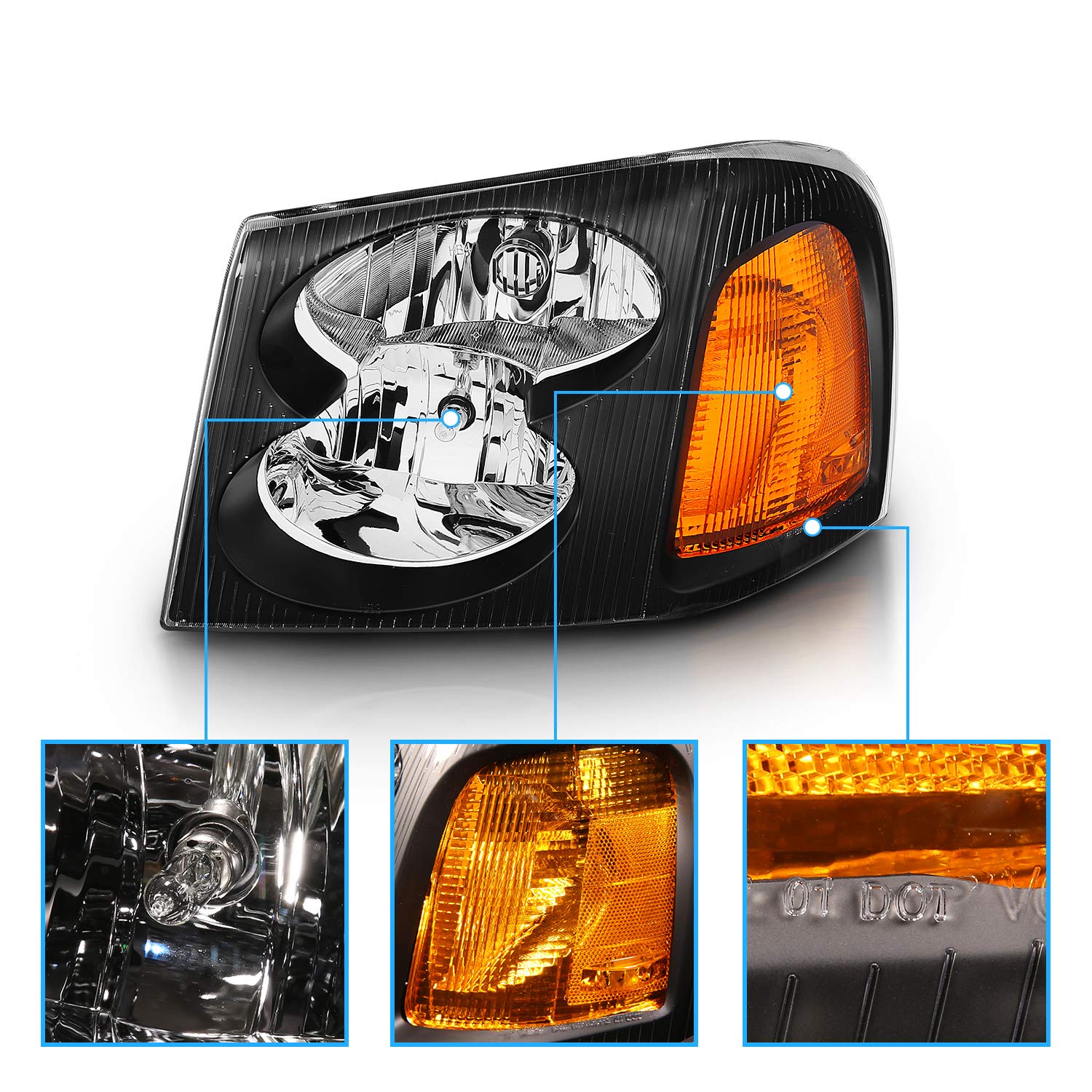 AmeriLite Black Replacement Headlights Set For GMC Envoy - Passenger and Driver Side with Hi/Lo Beam Bulbs