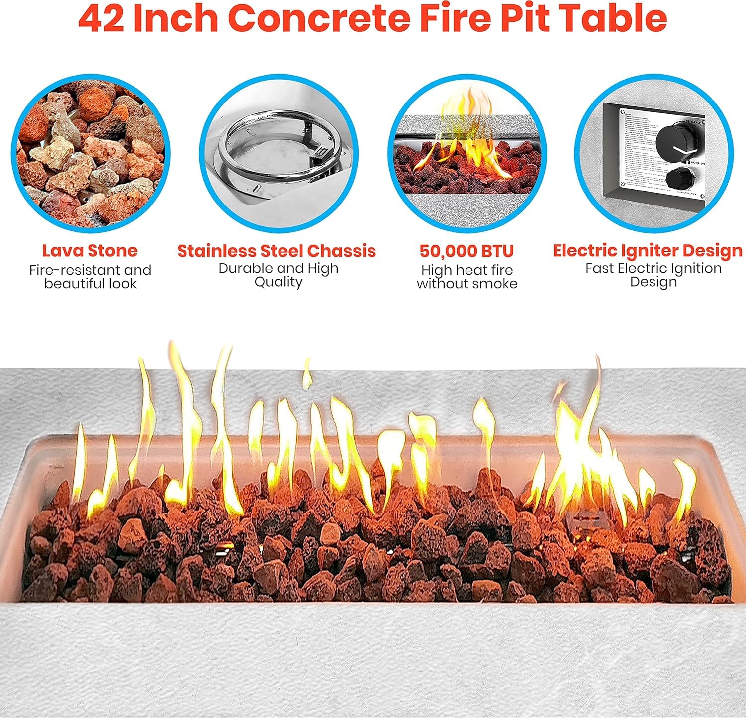 SereneLife Outdoor Propane Fire Pit Table - CSA/ETL Certified Safe 50,000BTU Pulse Ignition Weatherproof Square Propane Gas Fire Table - Adjustable Flame, Thermocouple - PVC Cover, Lava Rock