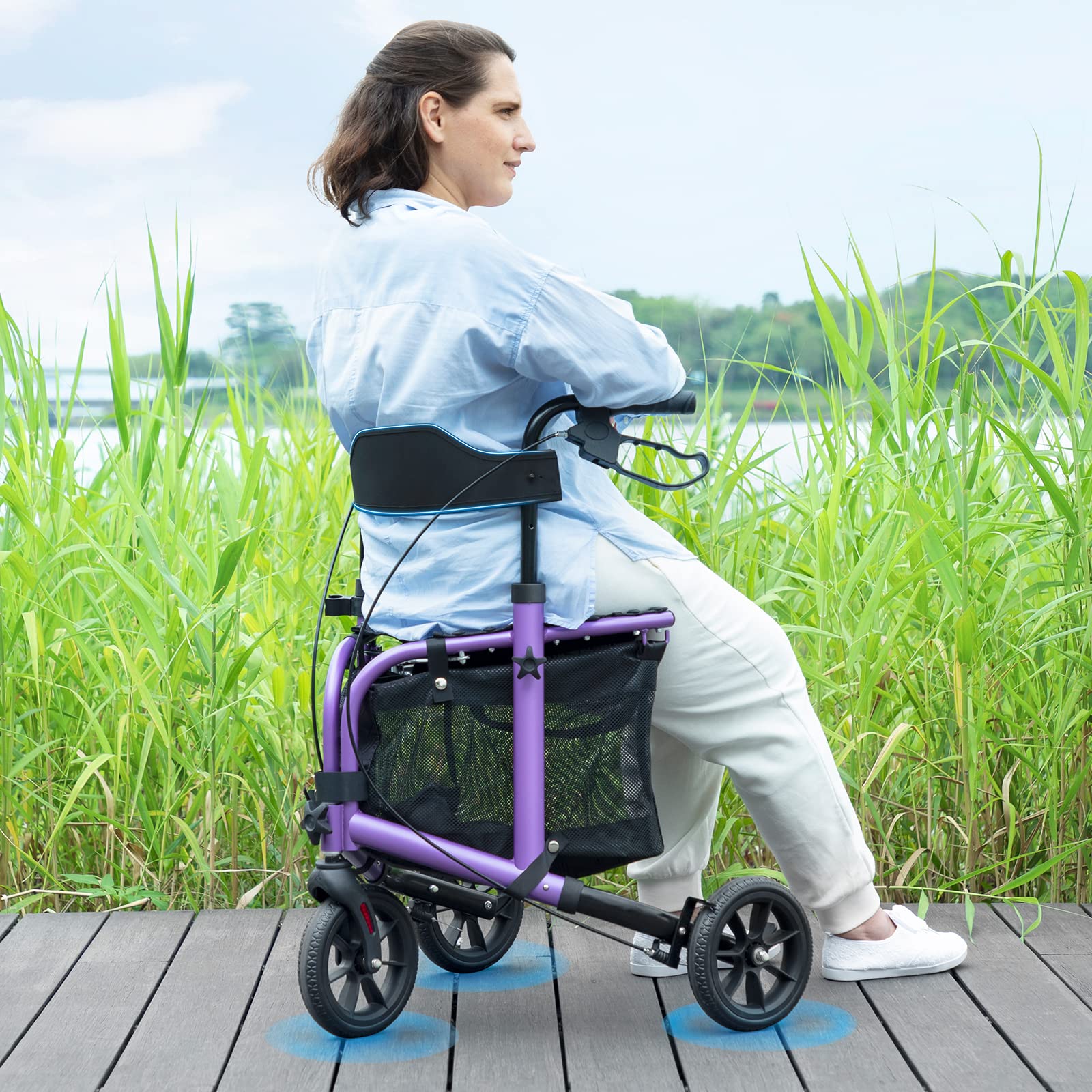 WALK MATE 3 Wheel Rollator Walker with Seat for Slim Seniors, Padded Backrest Lightweight Foldable Travel Walker Ideal for Elderly, 8 Inch Tri-Wheel Modern Mobility Walking Aid Aluminum, Purple