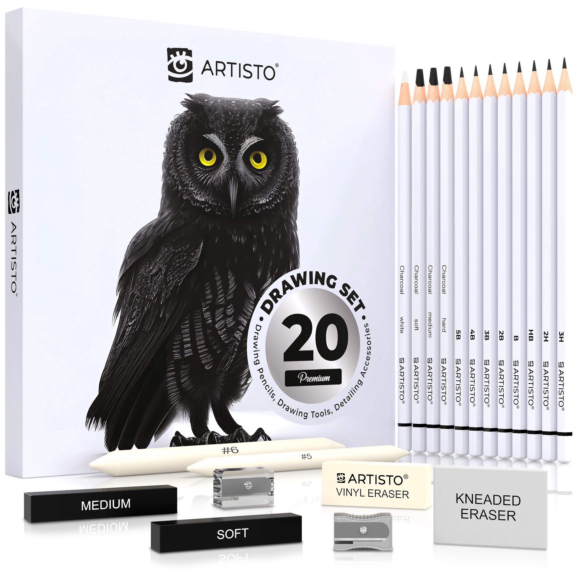Artisto Drawing and Sketching Pencil Art Set (20 Items): Complete Kit with Graphite Pencils, Charcoal Pencils, Sticks, Blending Stumps, Erasers, and Sharpeners