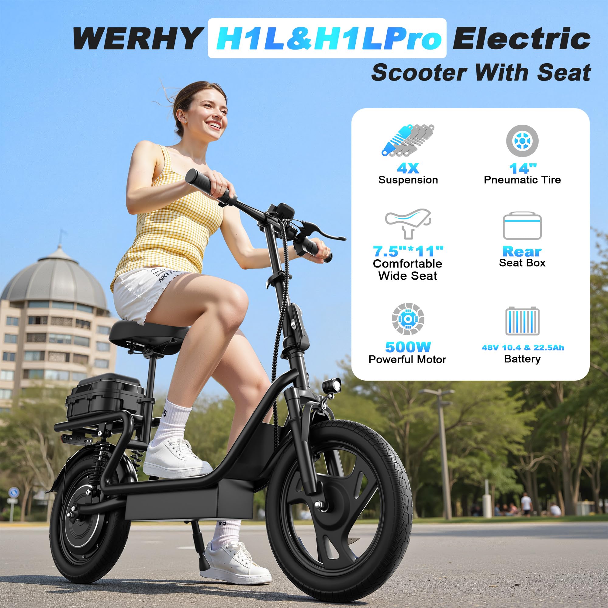 WERHY Electric Scooter,500W Motor, 14'' Tires, Top Speed 22 mph, Max 27/49 Miles Ranges, Foldable E-Scooter with Suspension &Adult, Digital Display, Cruise Control,Rear Seat Box