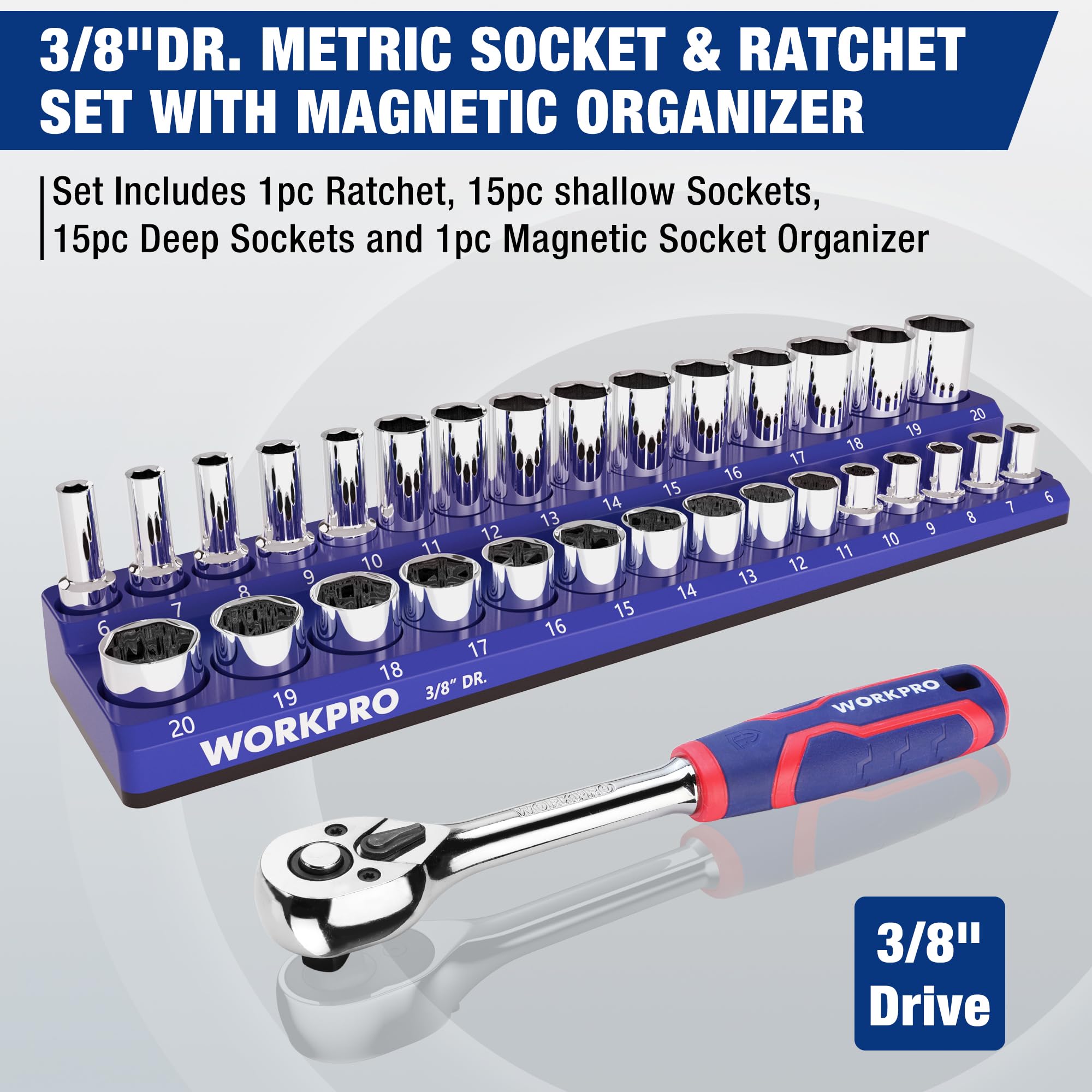 WORKPRO 32-Piece 3/8-inch Drive Metric Sockets and Ratchet-Including 30 Metric Deep and Shallow Sockets, 6-20mm with Magnetic Organizer and 72-Tooth Quick Release Reversible Ratchet for Auto Repair