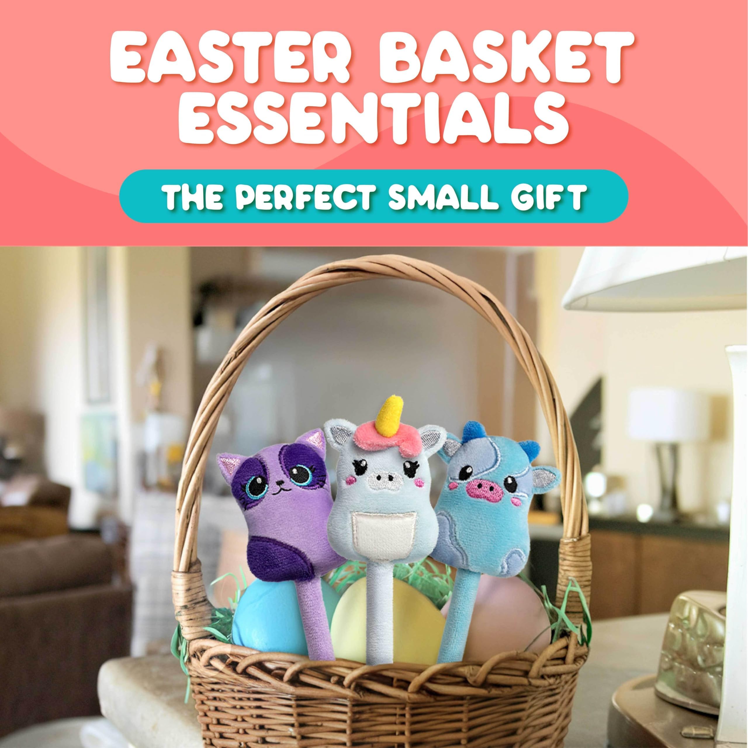 BUNMO Stretch & Write Easter Basket Essentials: 3 pck Cute Gel Pens w/Soft Grip & 6 Refills - Pop Tubes Sensory Toys 4 Pack Large - Easter Basket Stuffers - Non-Mouthable Toy 3+ - Gift for Teens