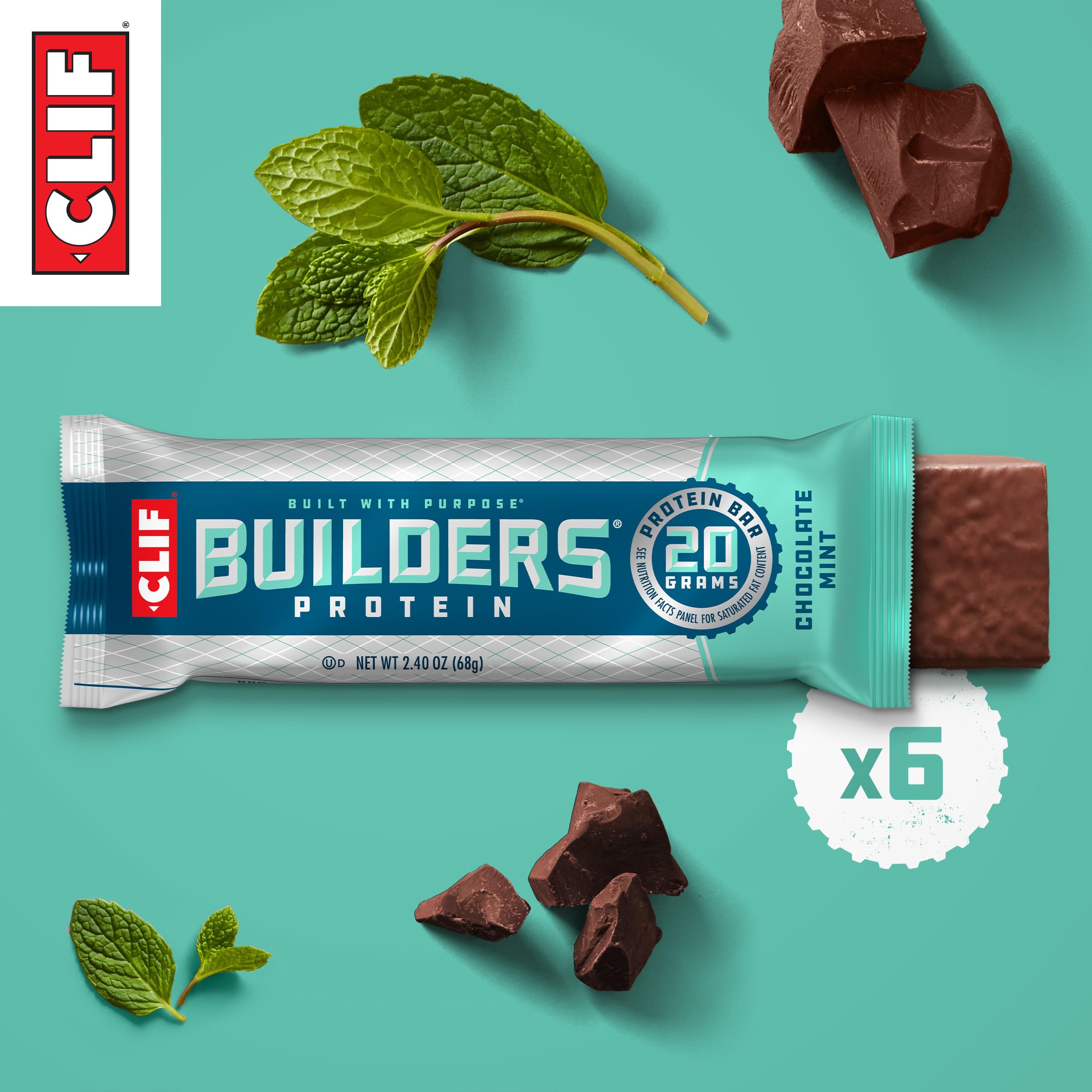 CLIF Builders - Chocolate Mint Flavor - Plant Based Protein Bars - Gluten Free - Non-GMO - Low Glycemic - 20g Protein - 2.4 oz. (6 Pack)