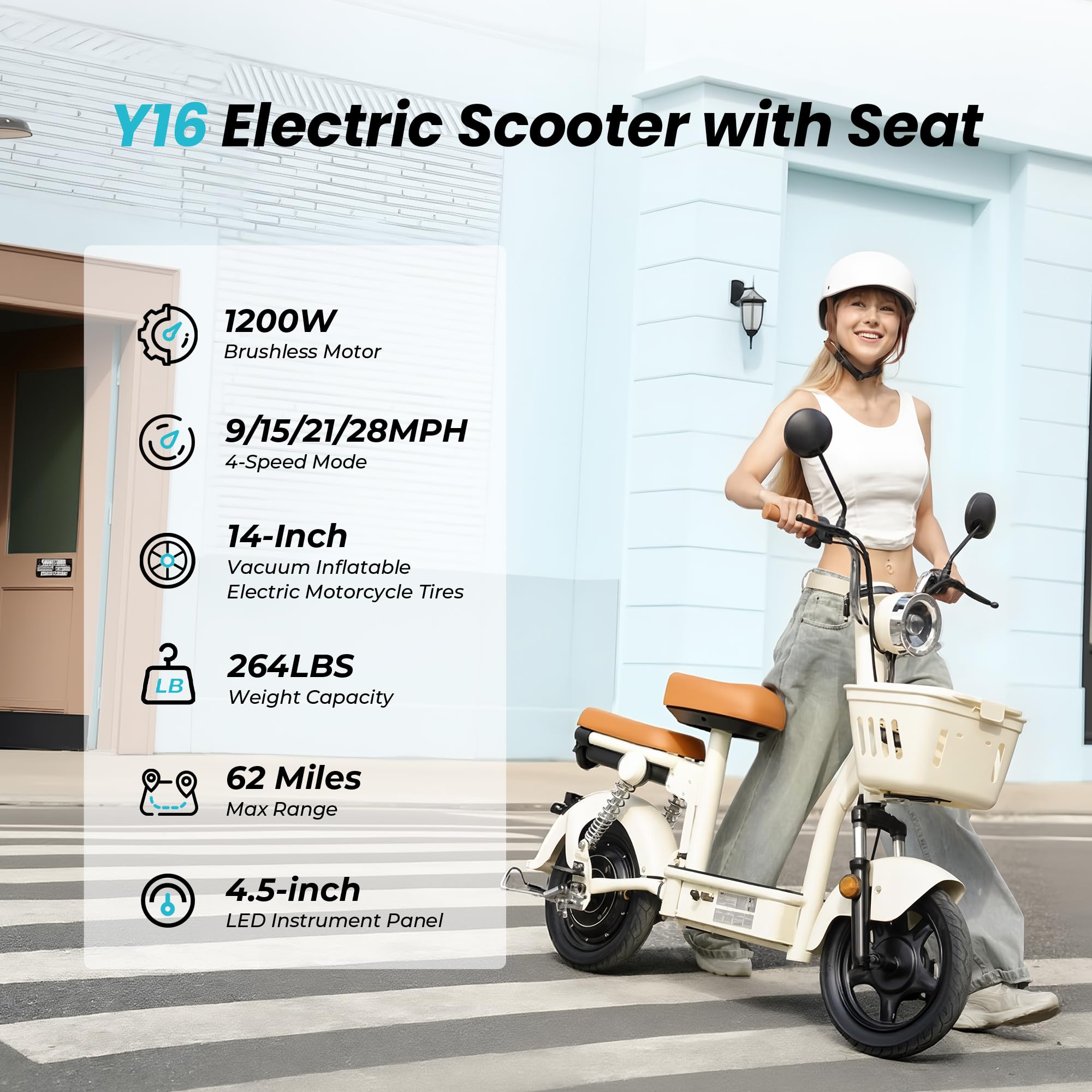 escoone Electric Scooter for Adults, 1200W Powerful Motor, 62 Miles Long Range & 28MPH Top Speed, 14" Vacuum Pneumatic Tires E scoote, Dual Suspension, NFC Start Commuter Scooter with Seat