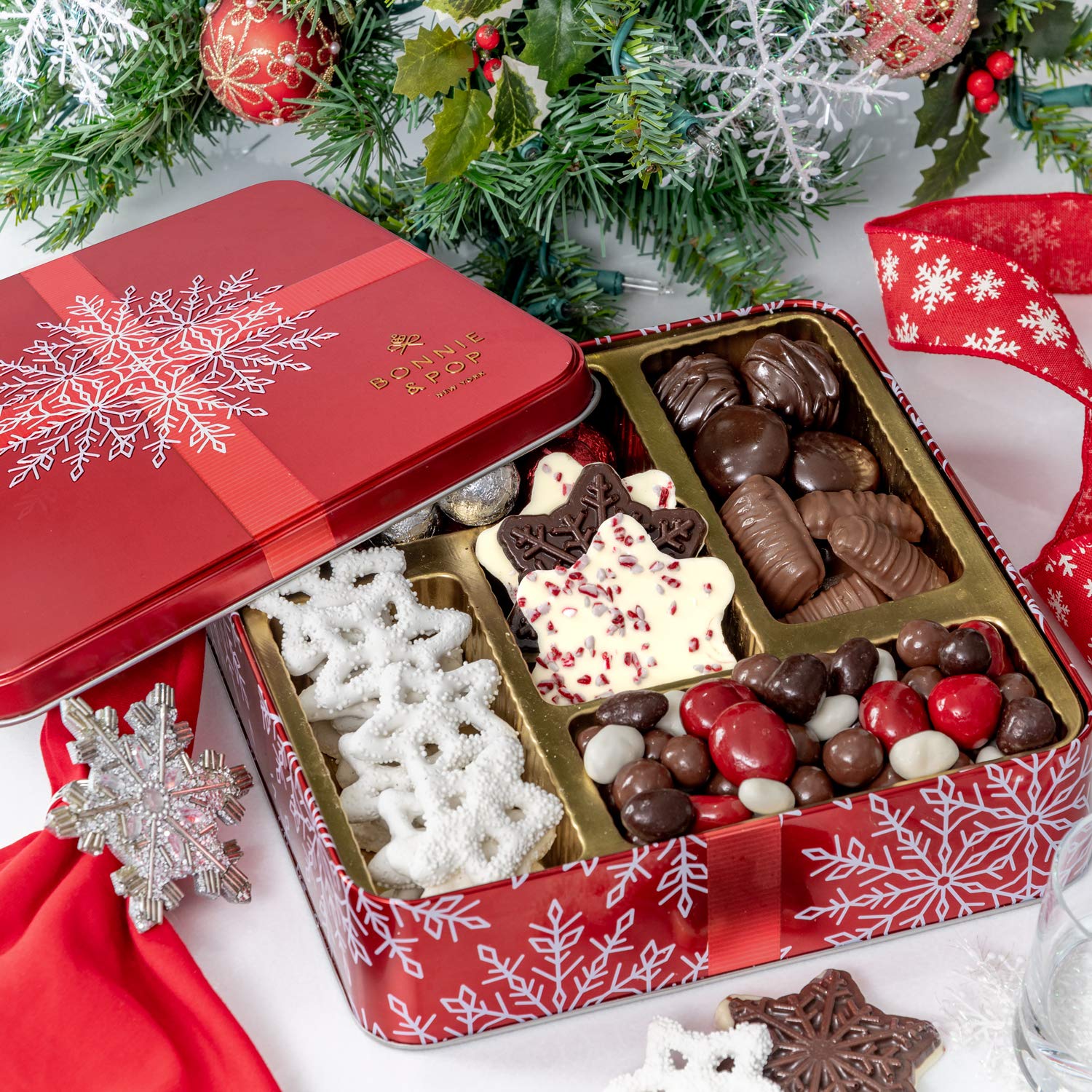 Bonnie and Pop's Holiday Tin- with Assorted Christmas Chocolate, Nuts, Bark, Truffles β Festive, Corporate, Family, Gift Basket Idea for Men and Women