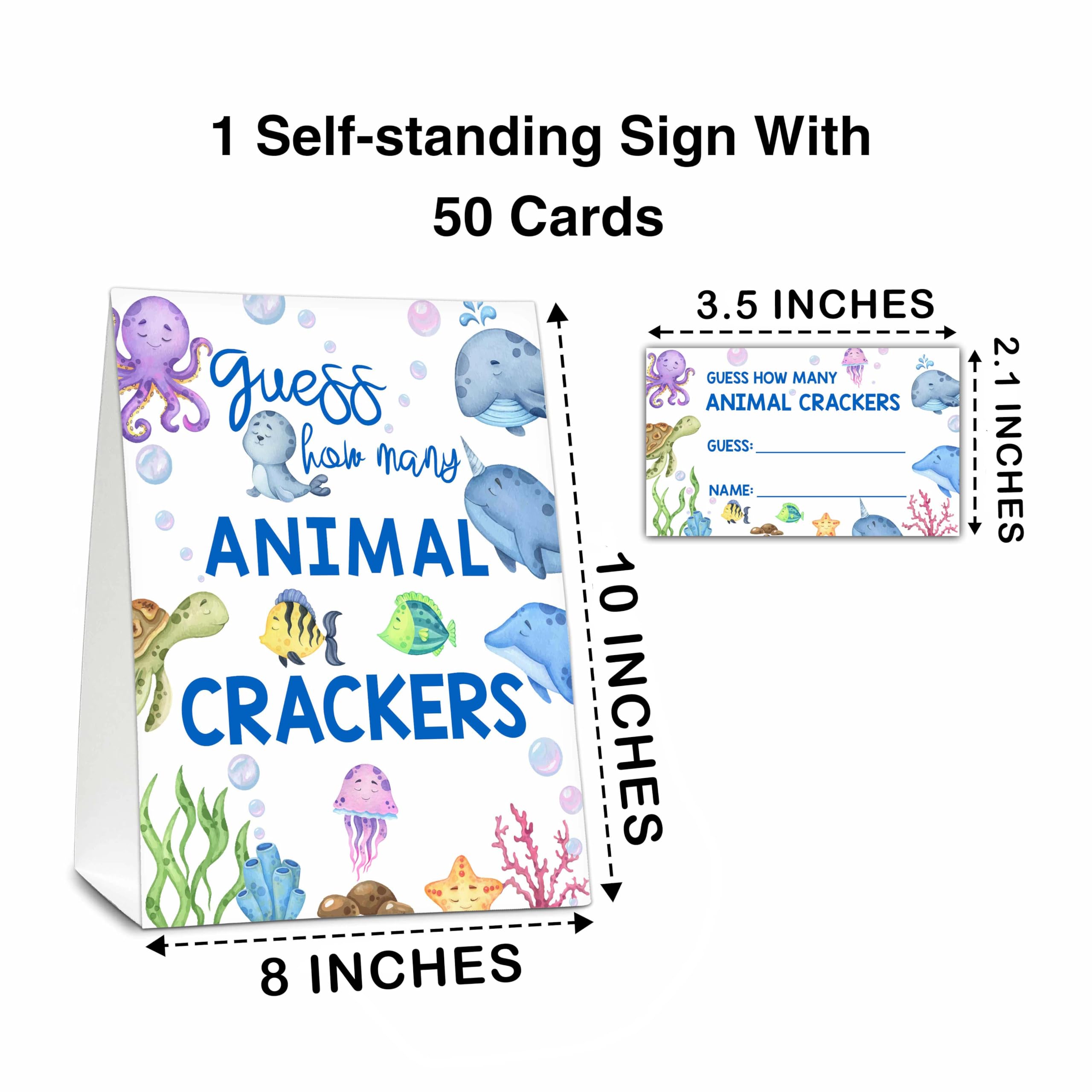 Under the Sea Baby Shower Game Set, Guess How Many Animals Crackers Game, 1 Sign with 50 Cards For Baby Shower Party Supplies - F04