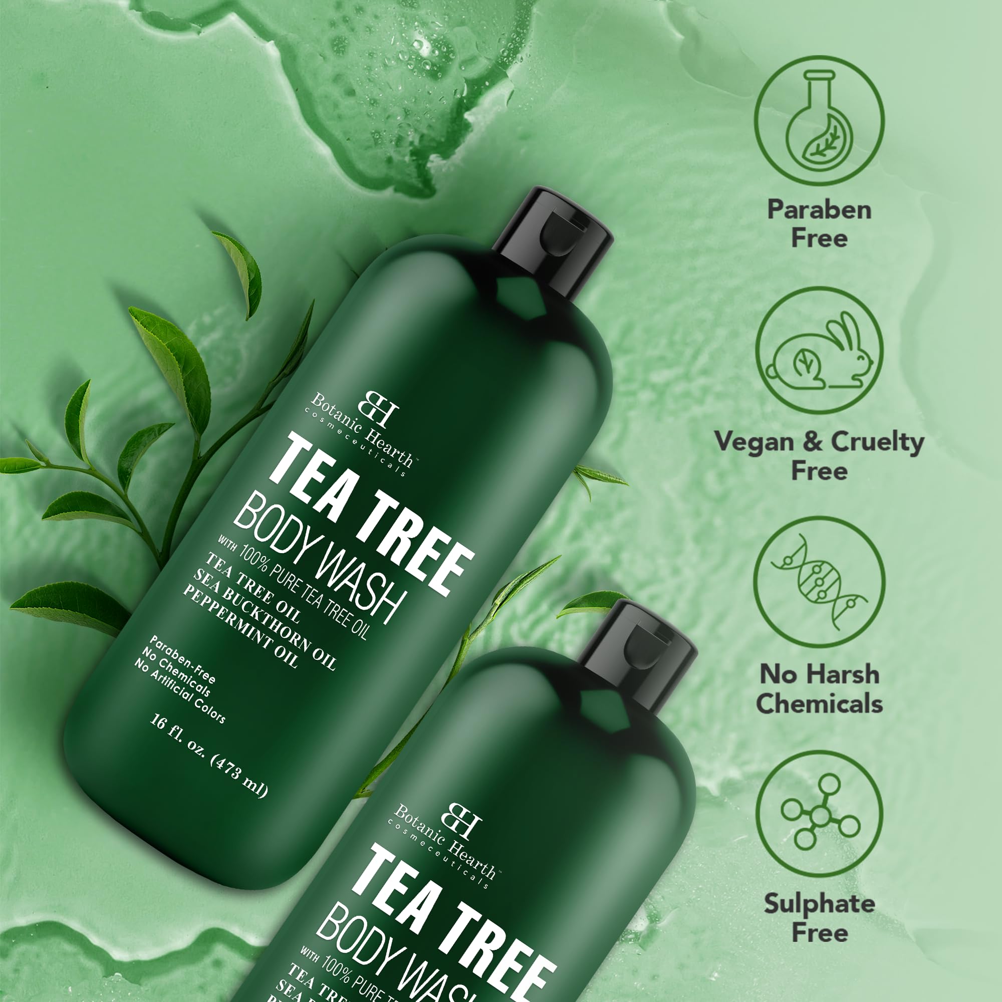 Botanic Hearth Tea Tree Body Wash with peppermint oil| for Men and Women 16 fl. oz. Pack of 2