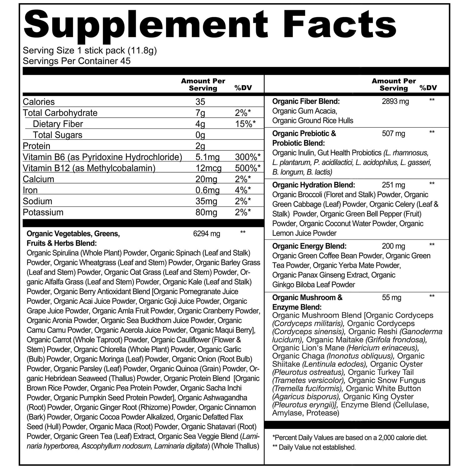 Zena_Supergreens Organic Energy Drink Powder (45 Count.) Green Apple Flavor – Zero Sugar, 70+ Superfoods, Gut Friendly, Fiber Rich, Vegan Caffeine Supplement